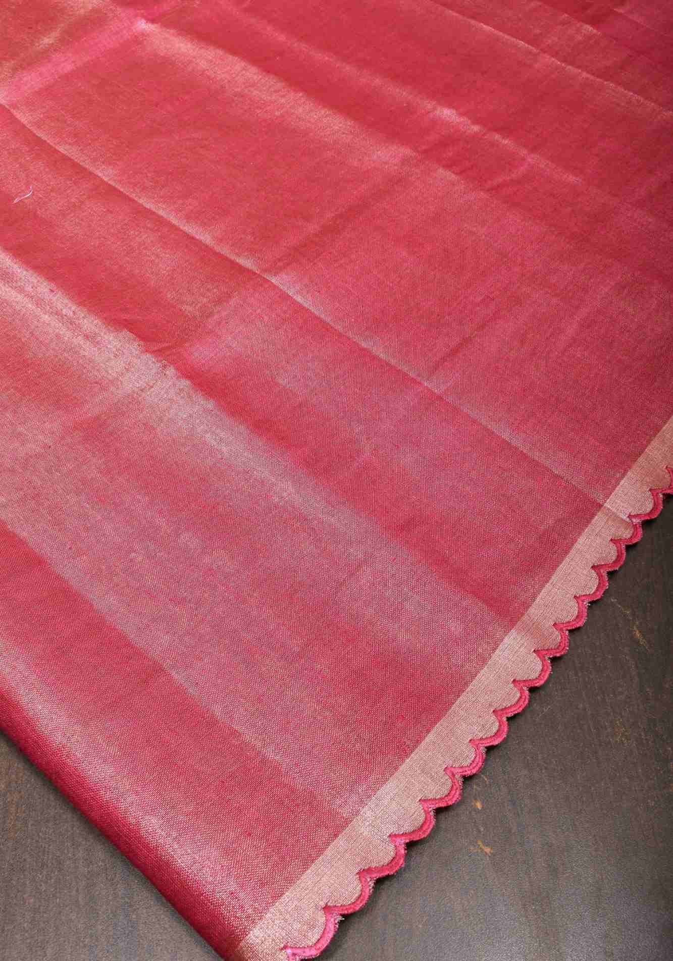 Reddish Pink tone Scalloped Tissue Linen Ready to Wear Saree and golden border