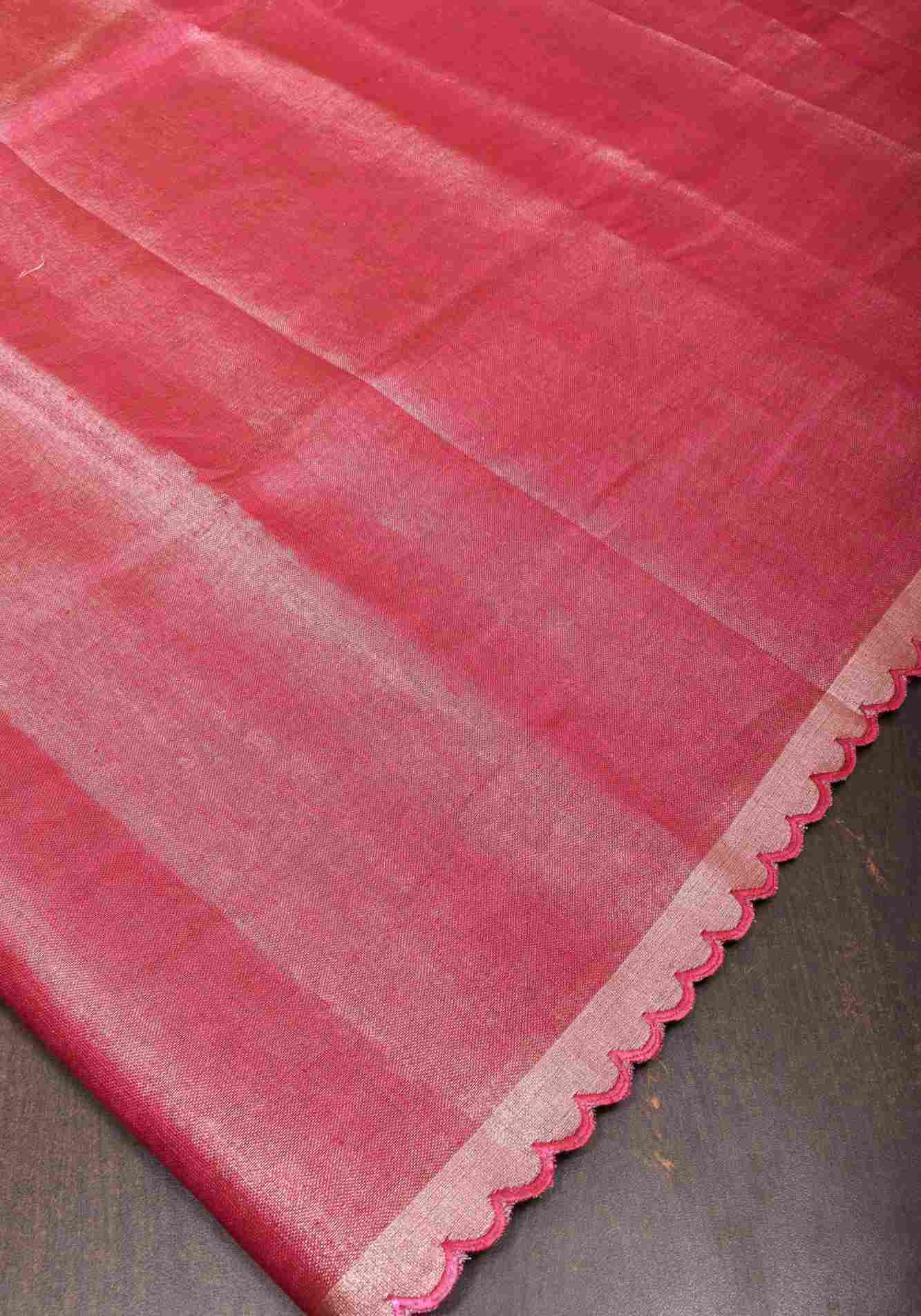 Reddish Pink tone Scalloped Tissue Linen Ready to Wear Saree and golden border