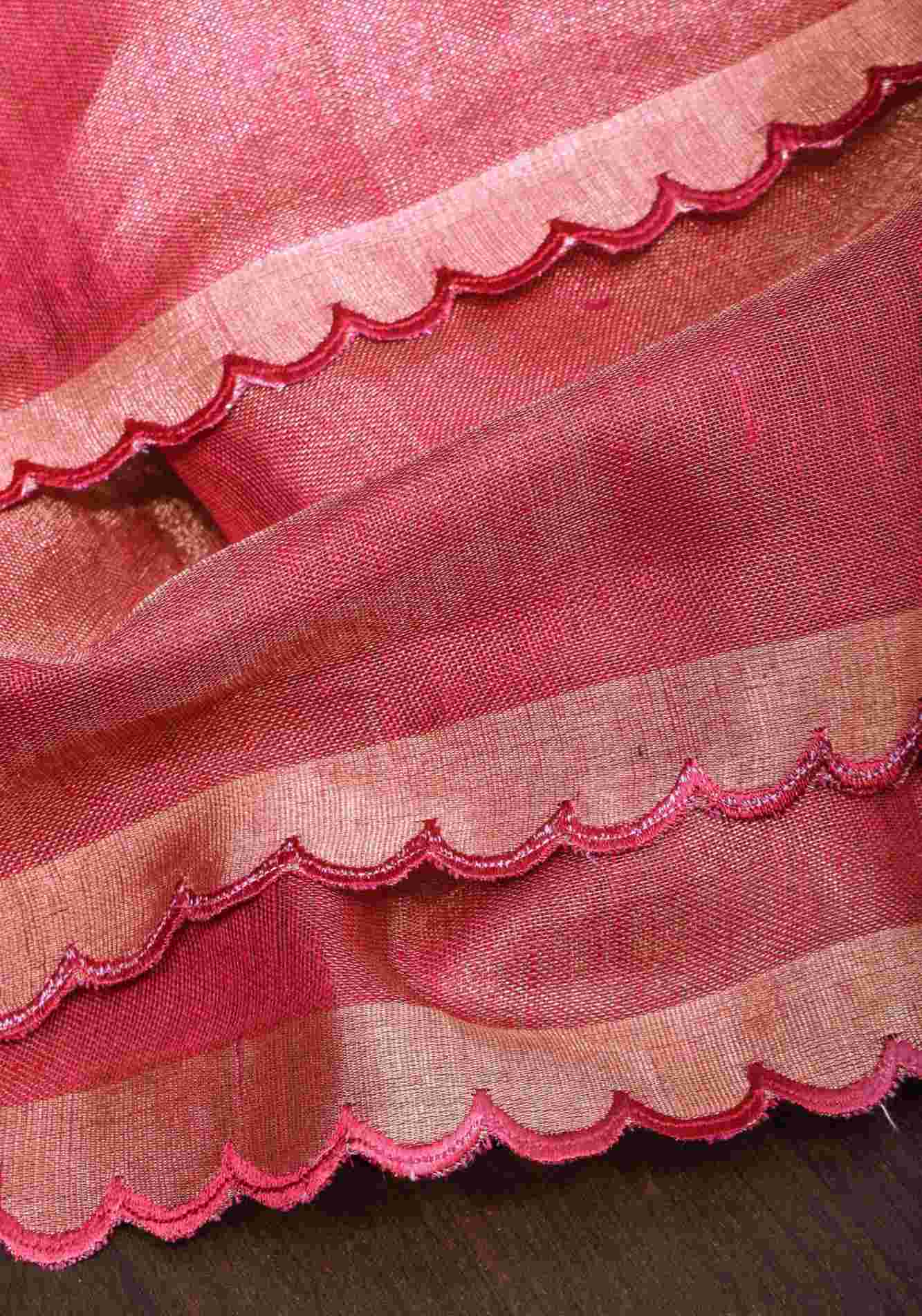 Reddish Pink tone Scalloped Tissue Linen Ready to Wear Saree and golden border