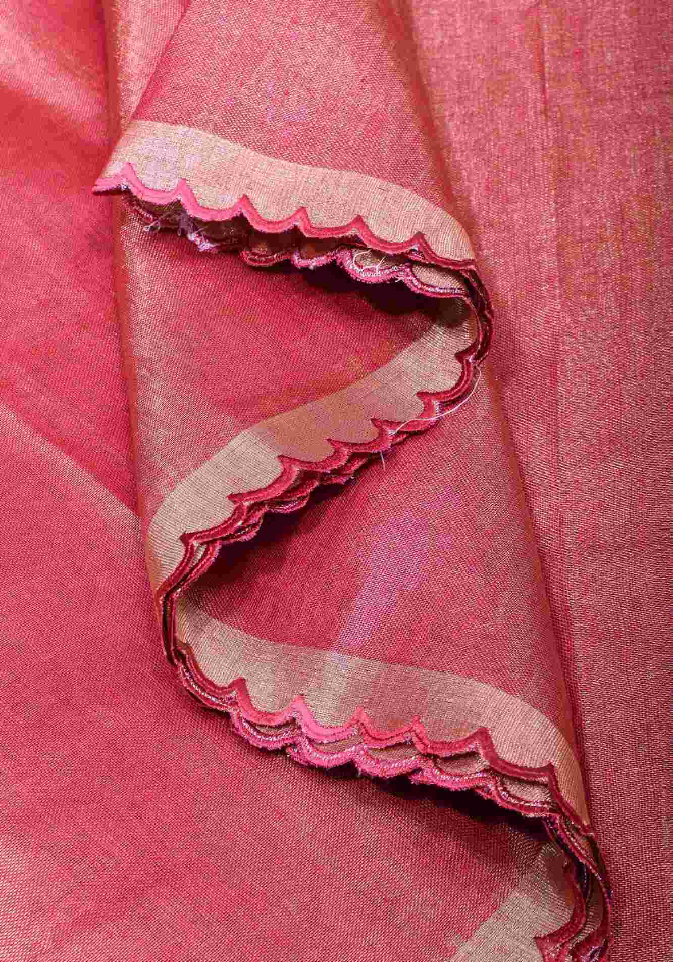 Reddish Pink tone Scalloped Tissue Linen Ready to Wear Saree and golden border