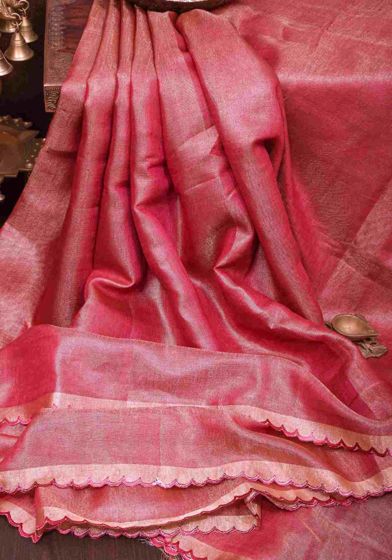 Reddish Pink tone Scalloped Tissue Linen Ready to Wear Saree and golden border