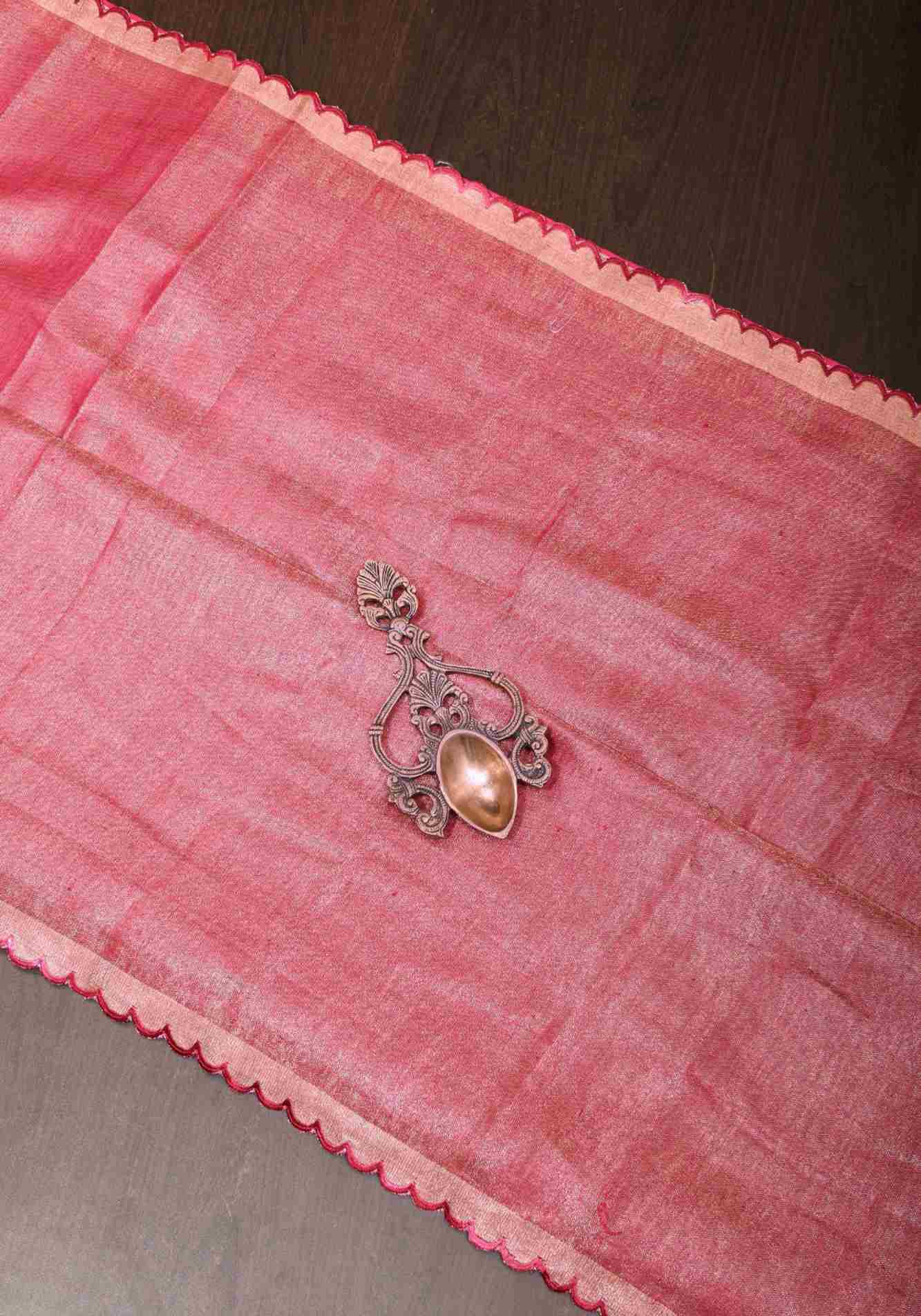 Reddish Pink tone Scalloped Tissue Linen Ready to Wear Saree and golden border