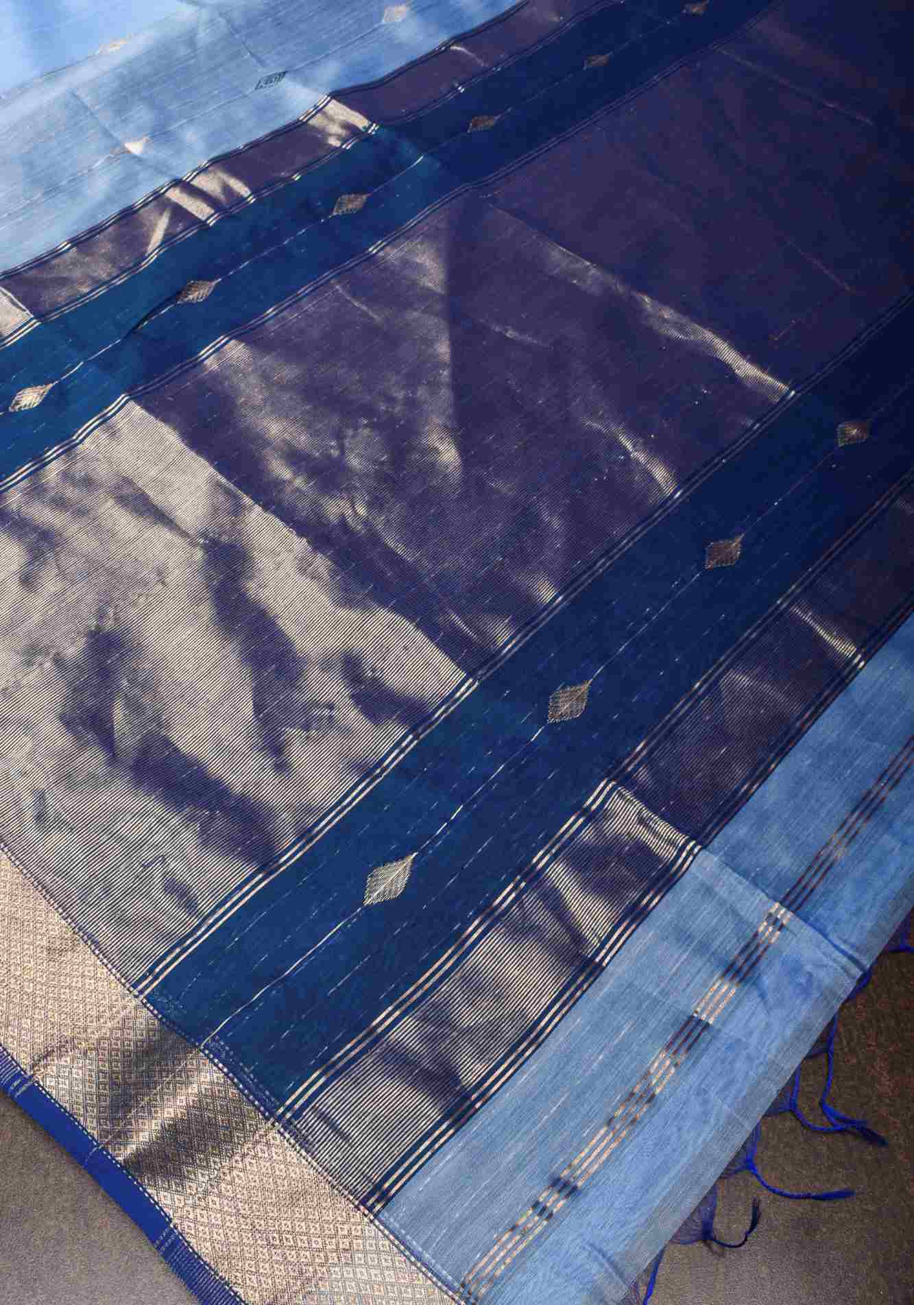 Baby Blue Handwoven Maheshwari Silk Cotton Ready To Wear Saree with Zari Stripes and Buttas, Contrast Pallu