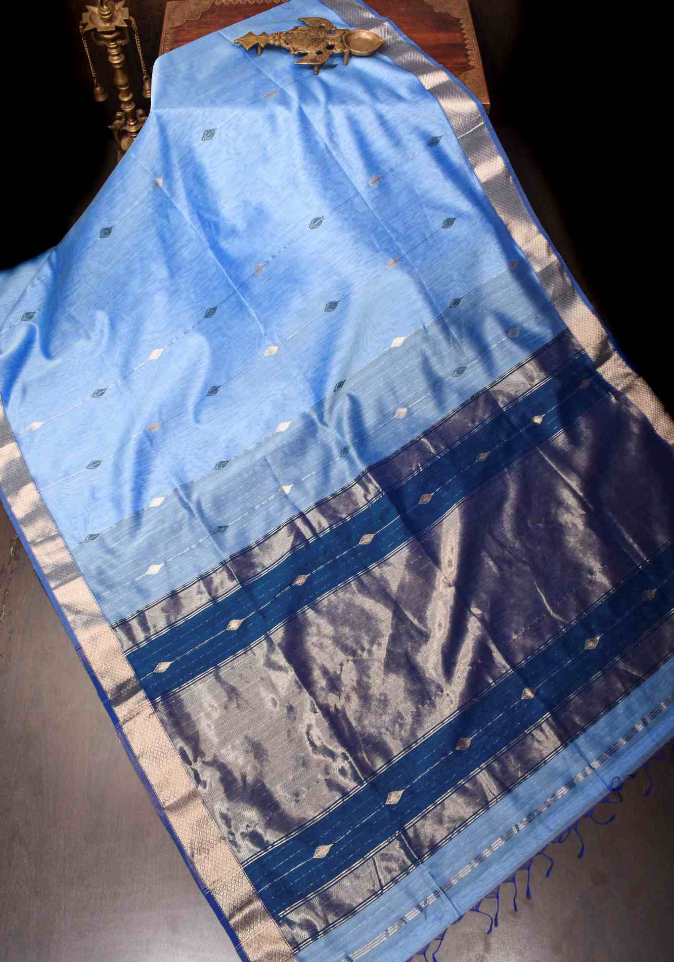 Baby Blue Handwoven Maheshwari Silk Cotton Ready To Wear Saree with Zari Stripes and Buttas, Contrast Pallu