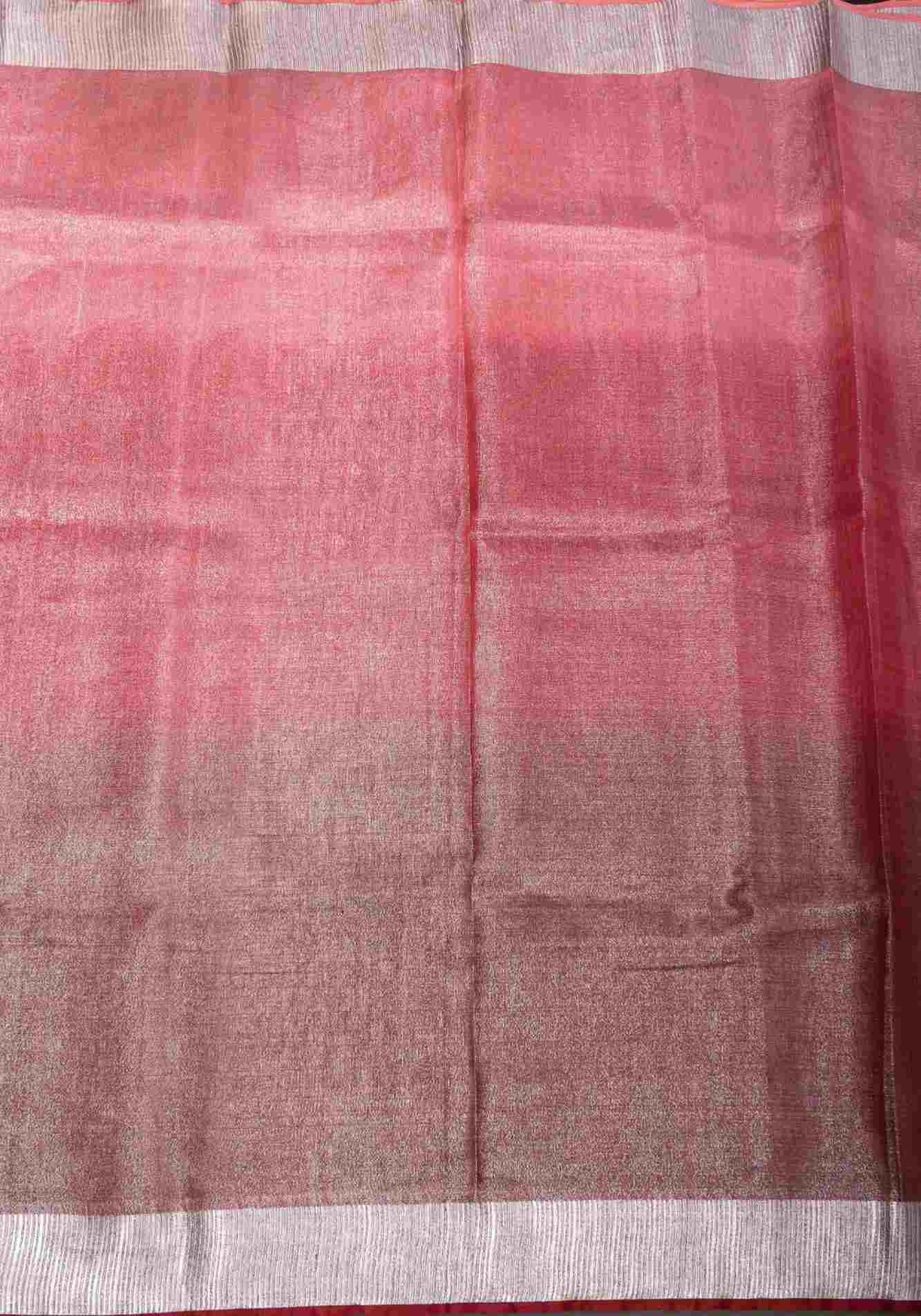 Pomegranate Ombre Tissue Linen Ready To Wear Saree with Silver Ribbed Borders