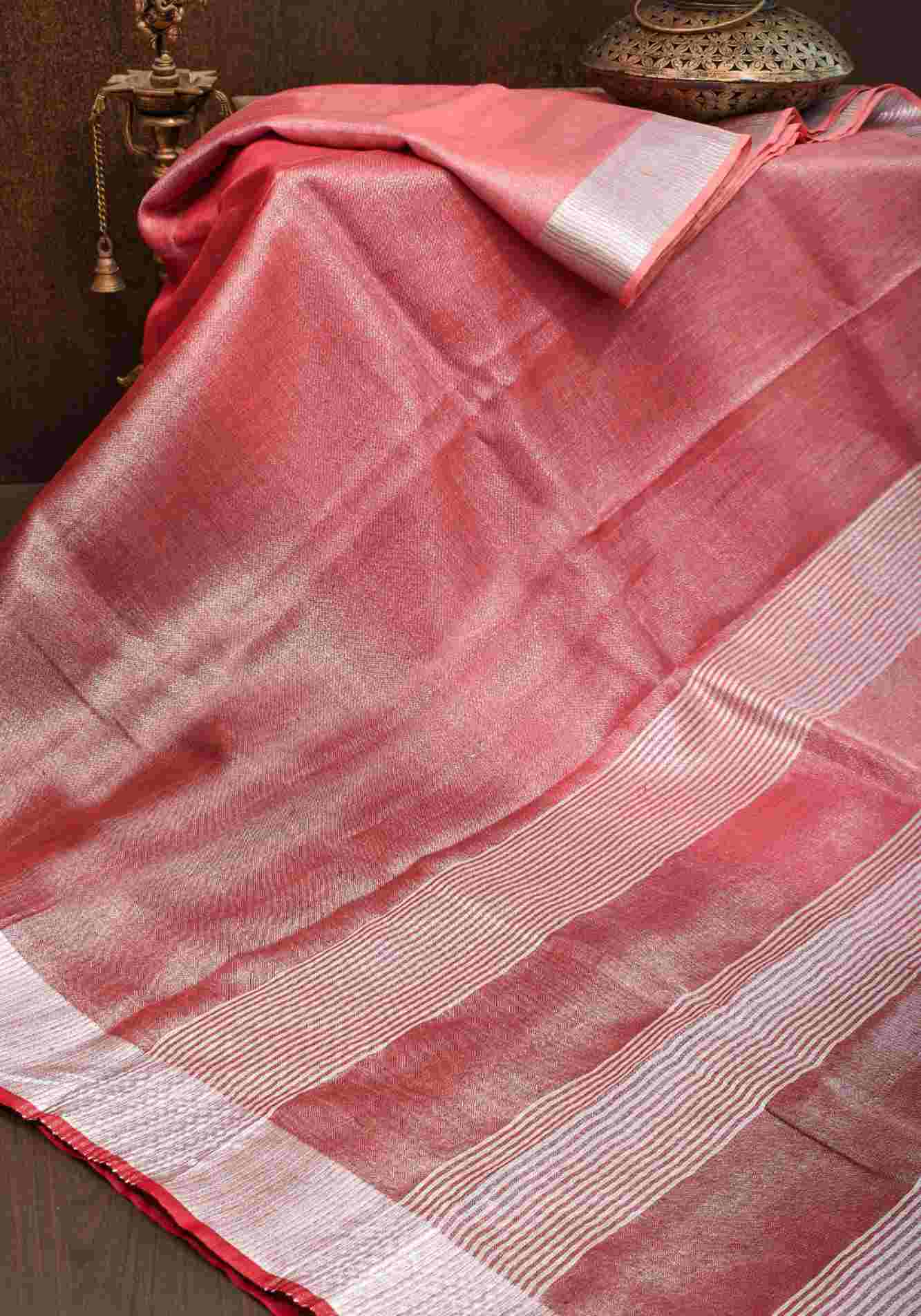 Pomegranate Ombre Tissue Linen Ready To Wear Saree with Silver Ribbed Borders