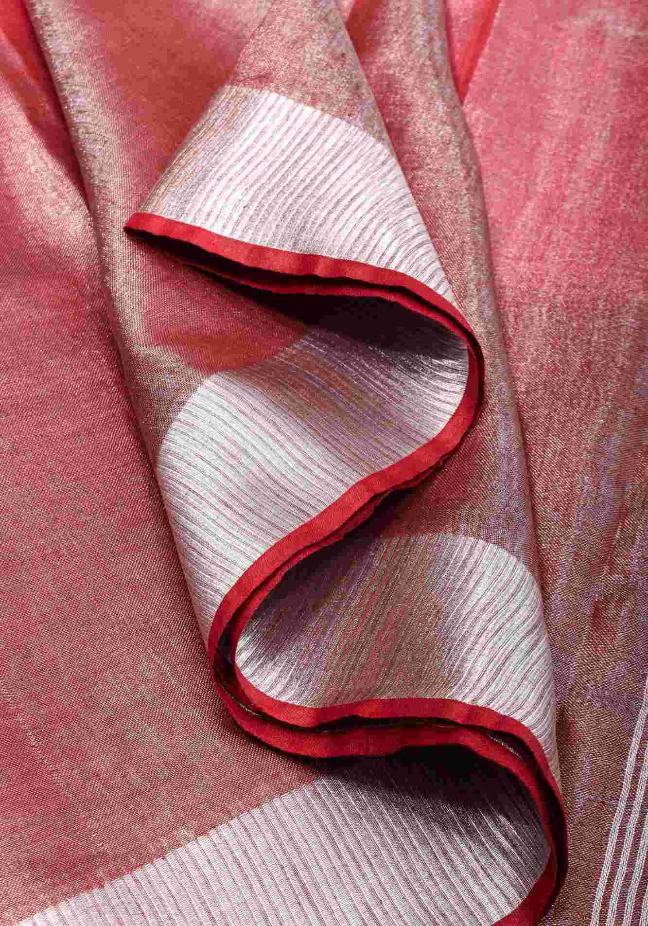 Pomegranate Ombre Tissue Linen Ready To Wear Saree with Silver Ribbed Borders