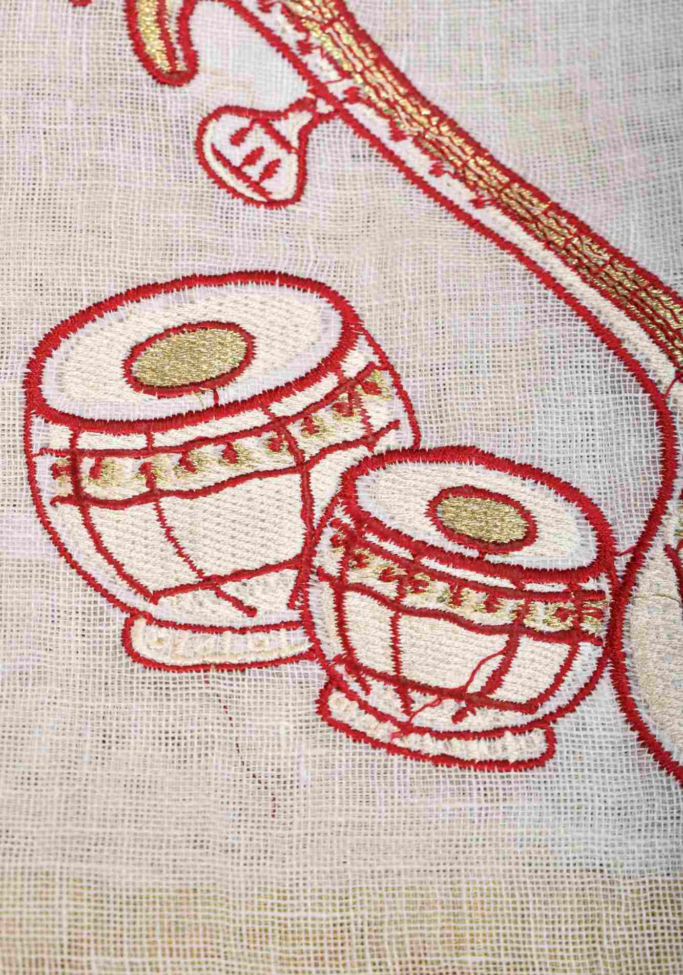 Linen by Linen Saree in White with Musical instruments embroidery motifs