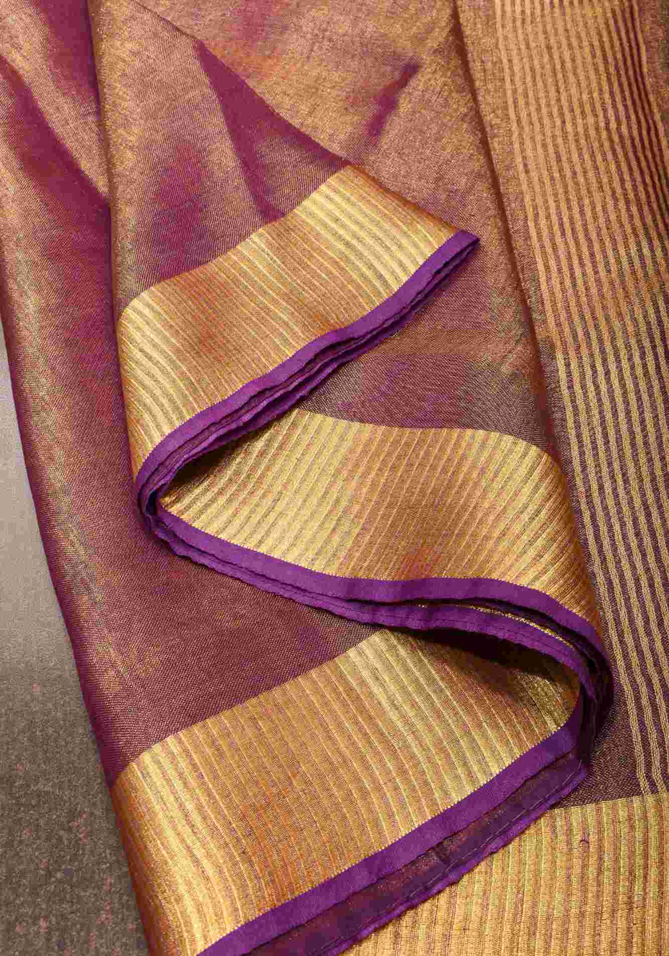 Purple and Gold Tissue by Linen Saree with Zari Border