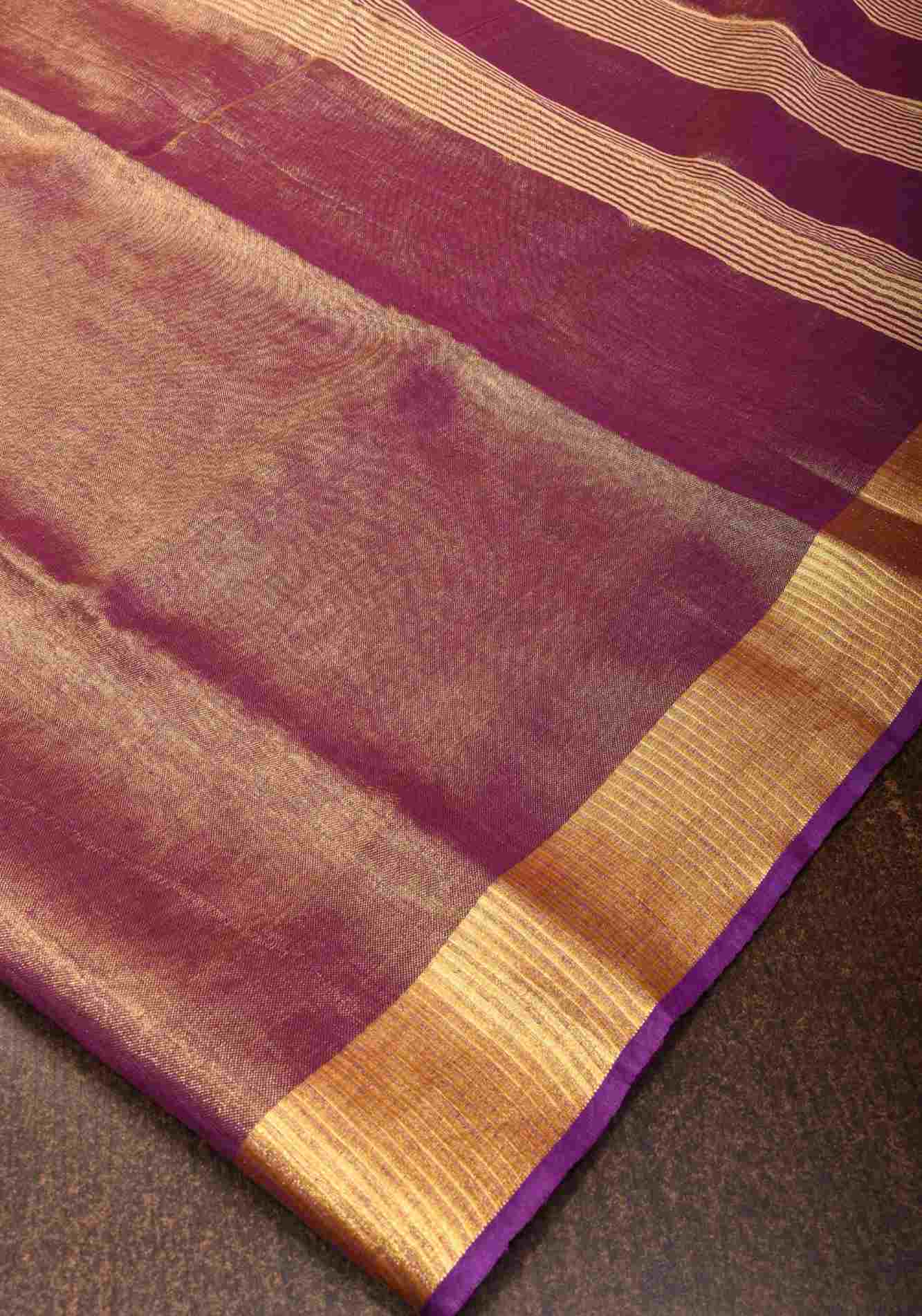 Purple and Gold Tissue by Linen Saree with Zari Border