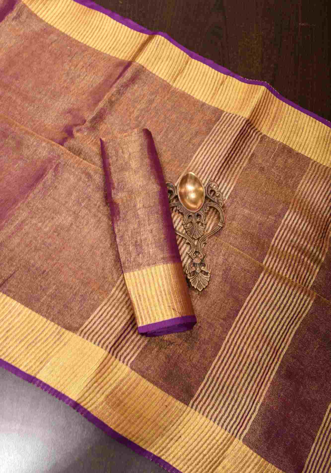 Purple and Gold Tissue by Linen Saree with Zari Border