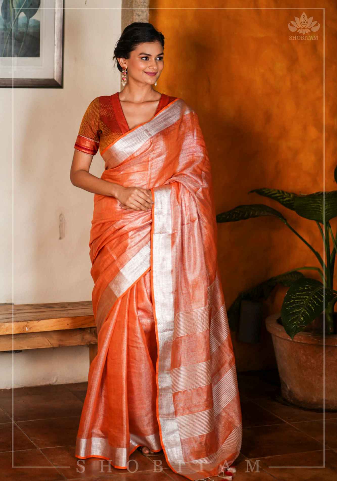 Burnt Orange and Silver Tissue by Linen Ready To Wear Saree