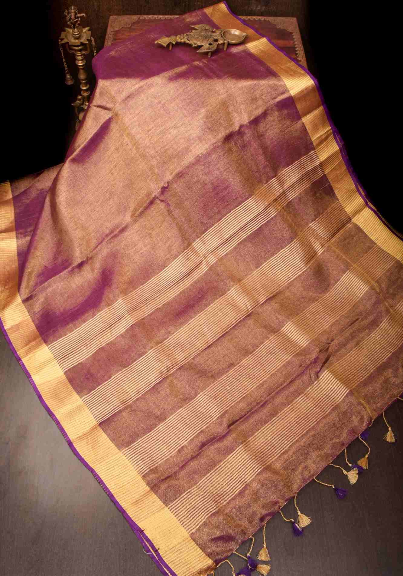 Purple and Gold Tissue by Linen Saree with Zari Border