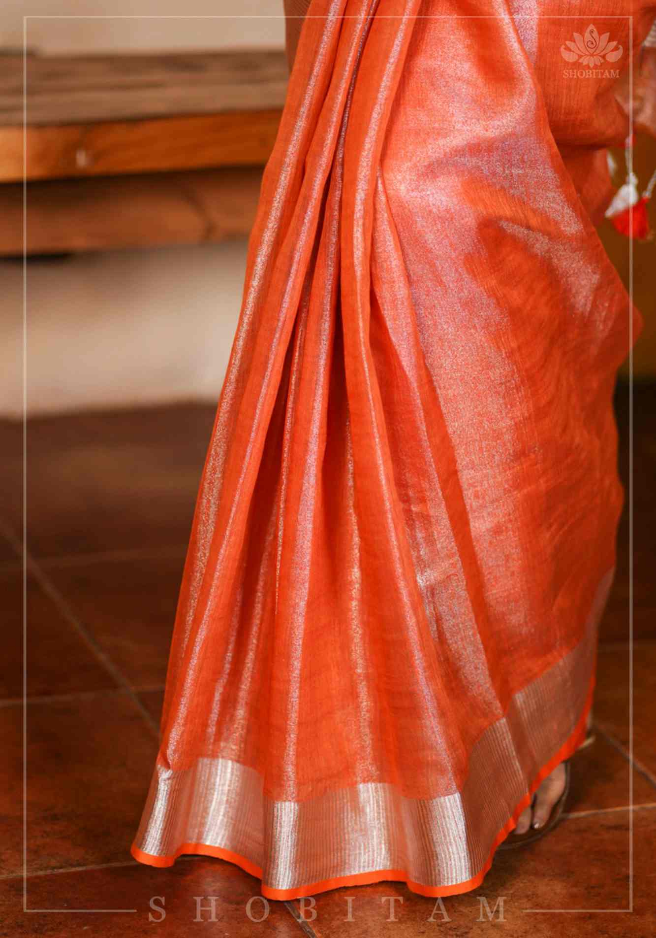 Burnt Orange and Silver Tissue by Linen Ready To Wear Saree