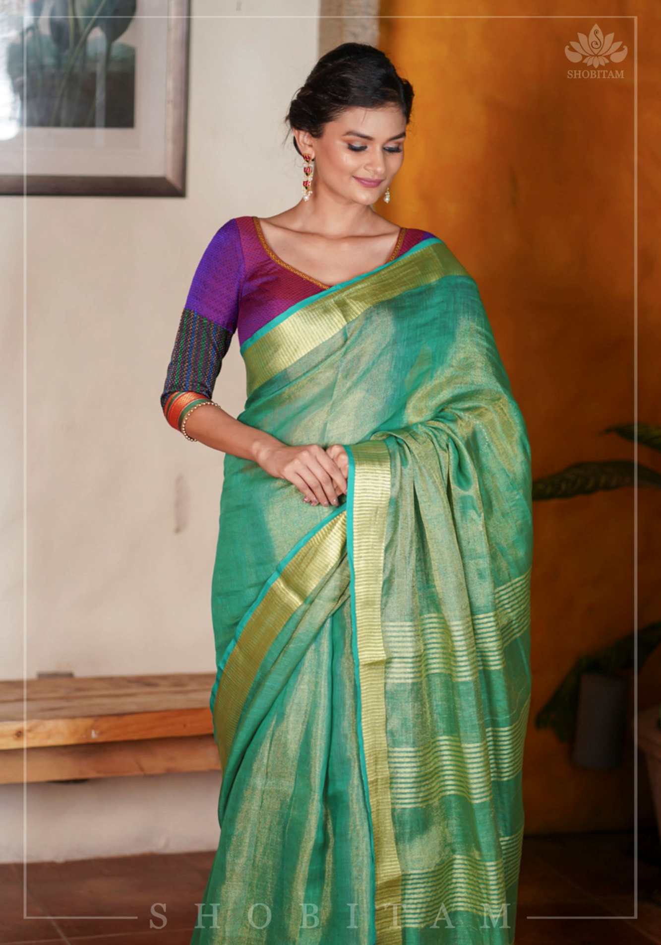 Rama Green and Gold Tissue by Linen Ready to Wear Saree