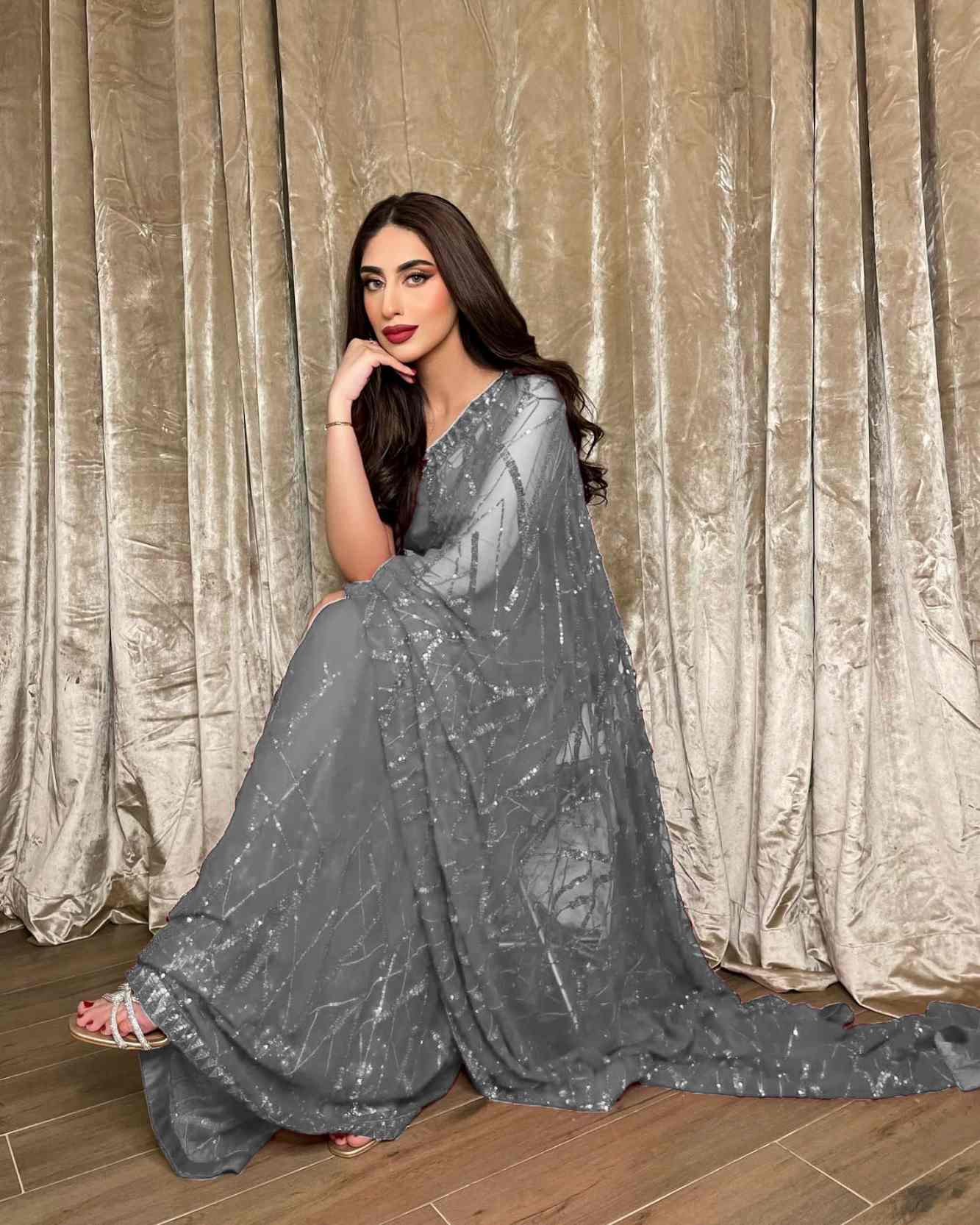 Party Style Exquisite Georgette Embroidery Saree with All-Over Sequin Work and Elegant Piping Lace – A Perfect Fusion of Luxury and Grace in 1 Minute