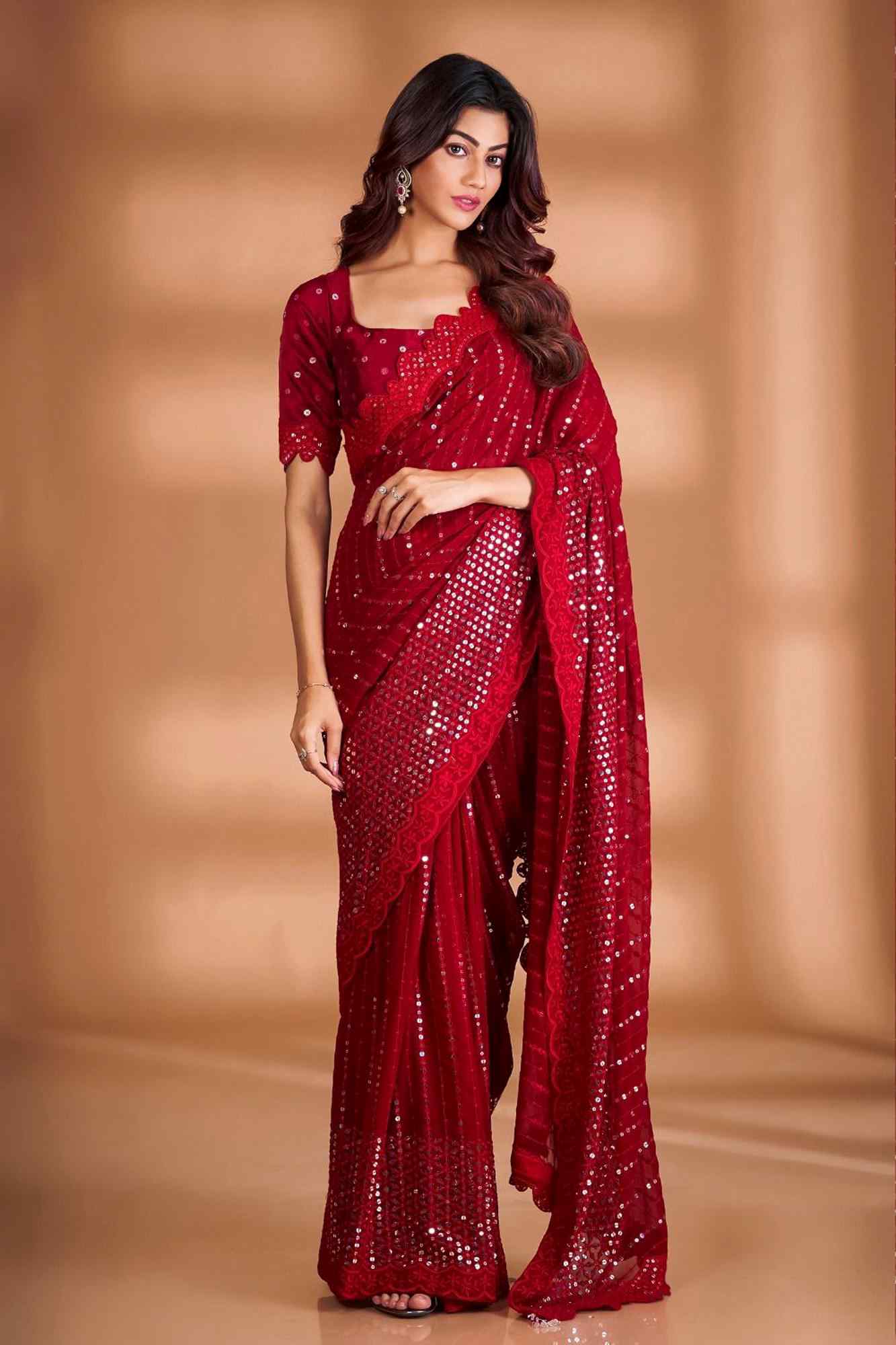 Georgette with Heavy Sequin Embroidery Work & scalloped Border Pre Drape Saree