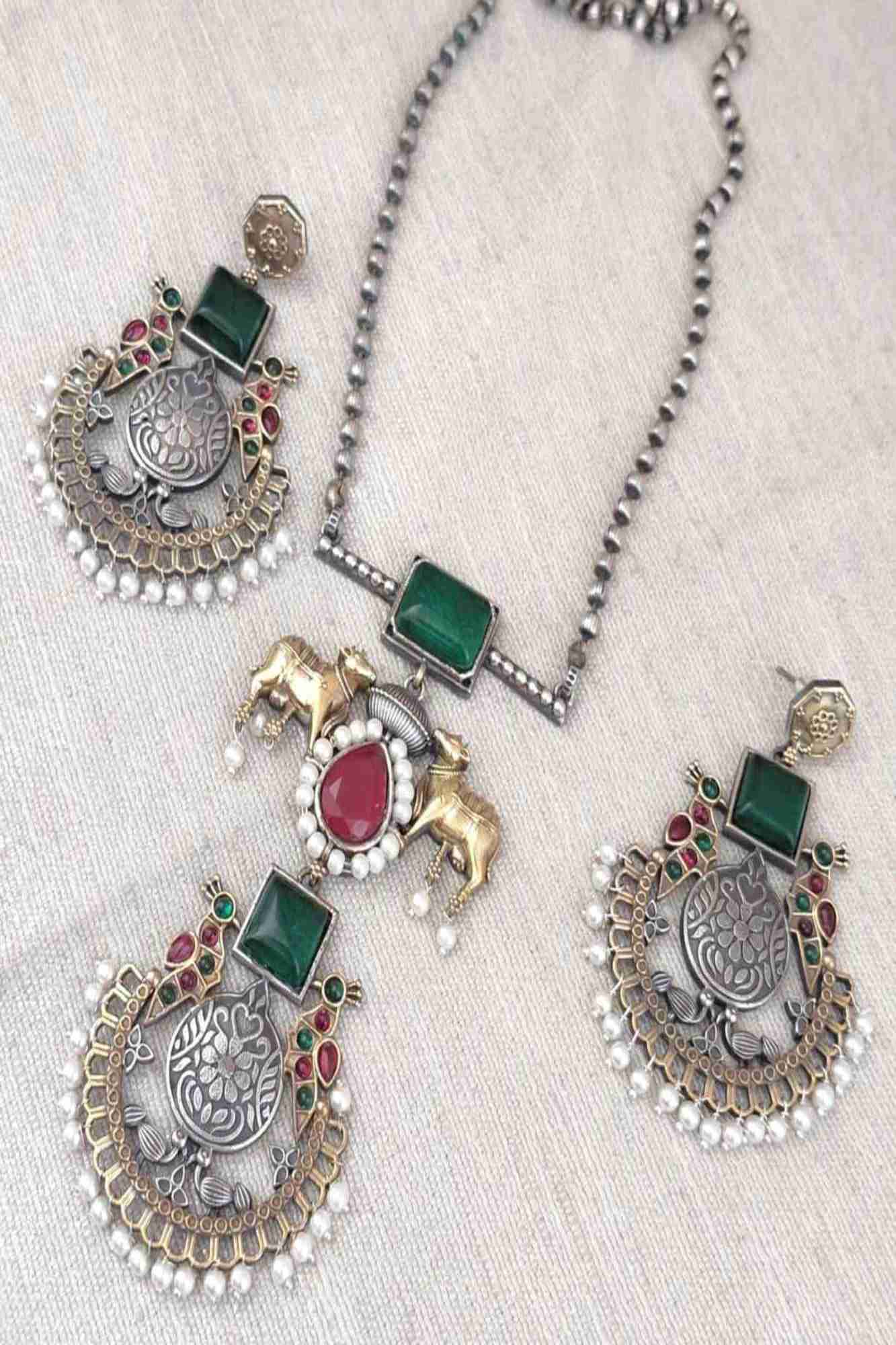 Silver Oxidized Long Green Stone Necklace Set With Matching Earring Set