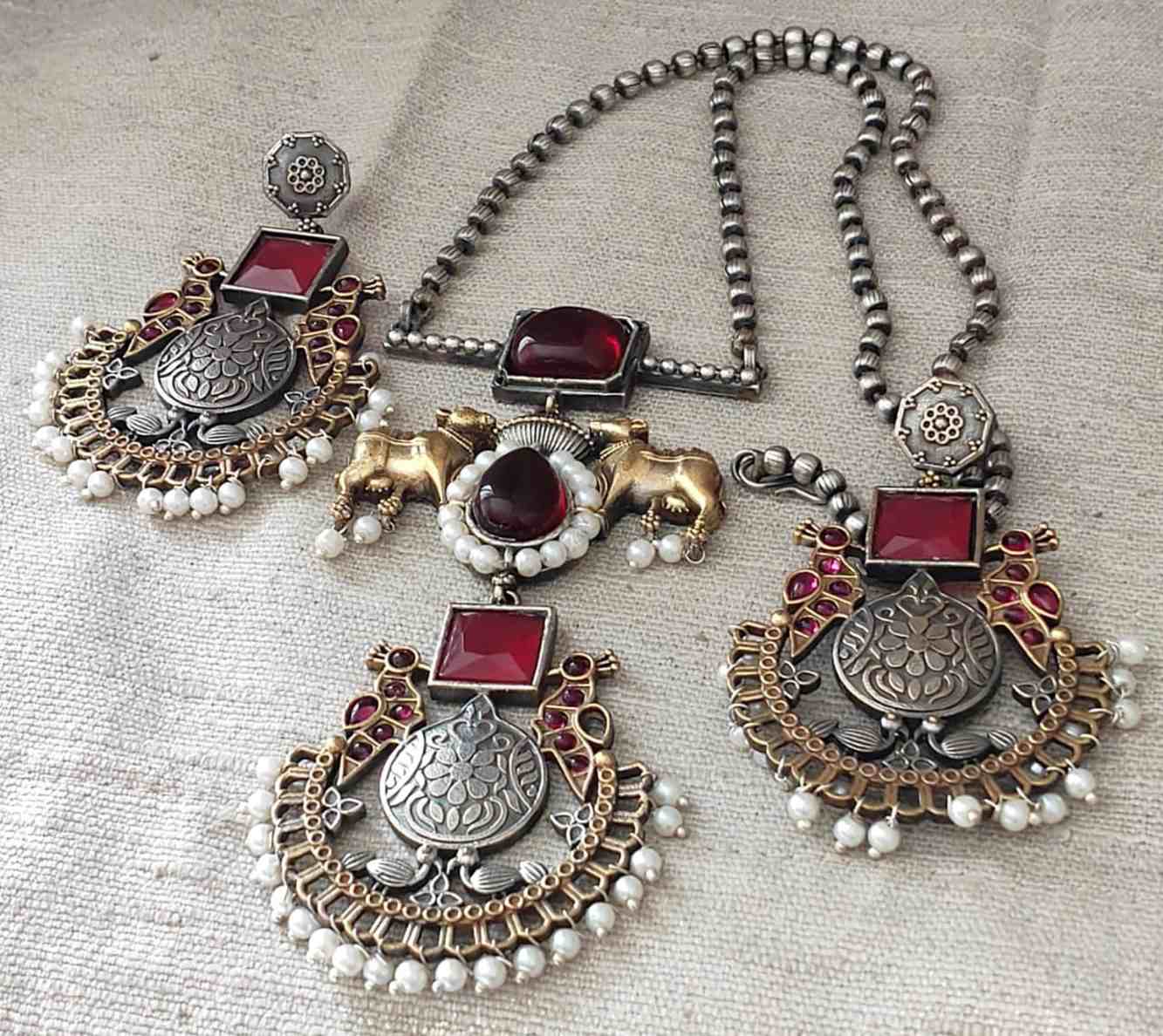 Silver Oxidized Long  Red Necklace Set With Matching Earring  - Exquisite Elegance in Bold Crimson