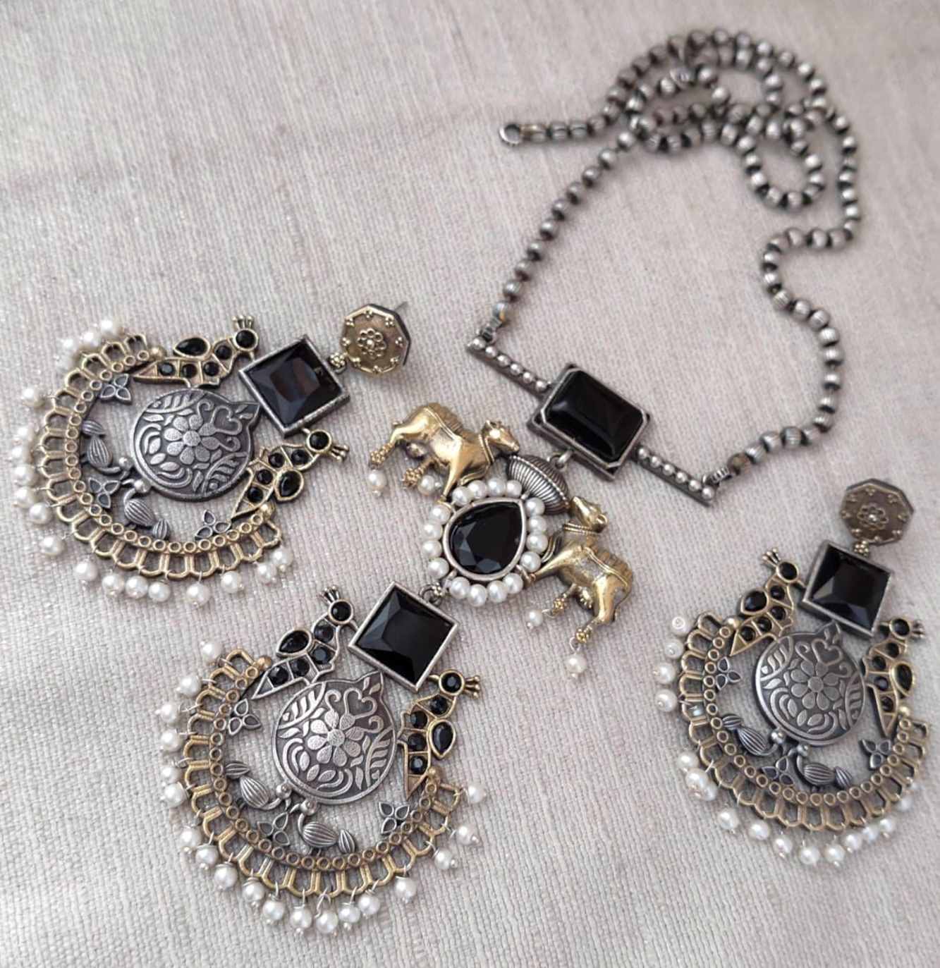 Silver Oxidized Long Black Stone Necklace Set With Matching Earring Set