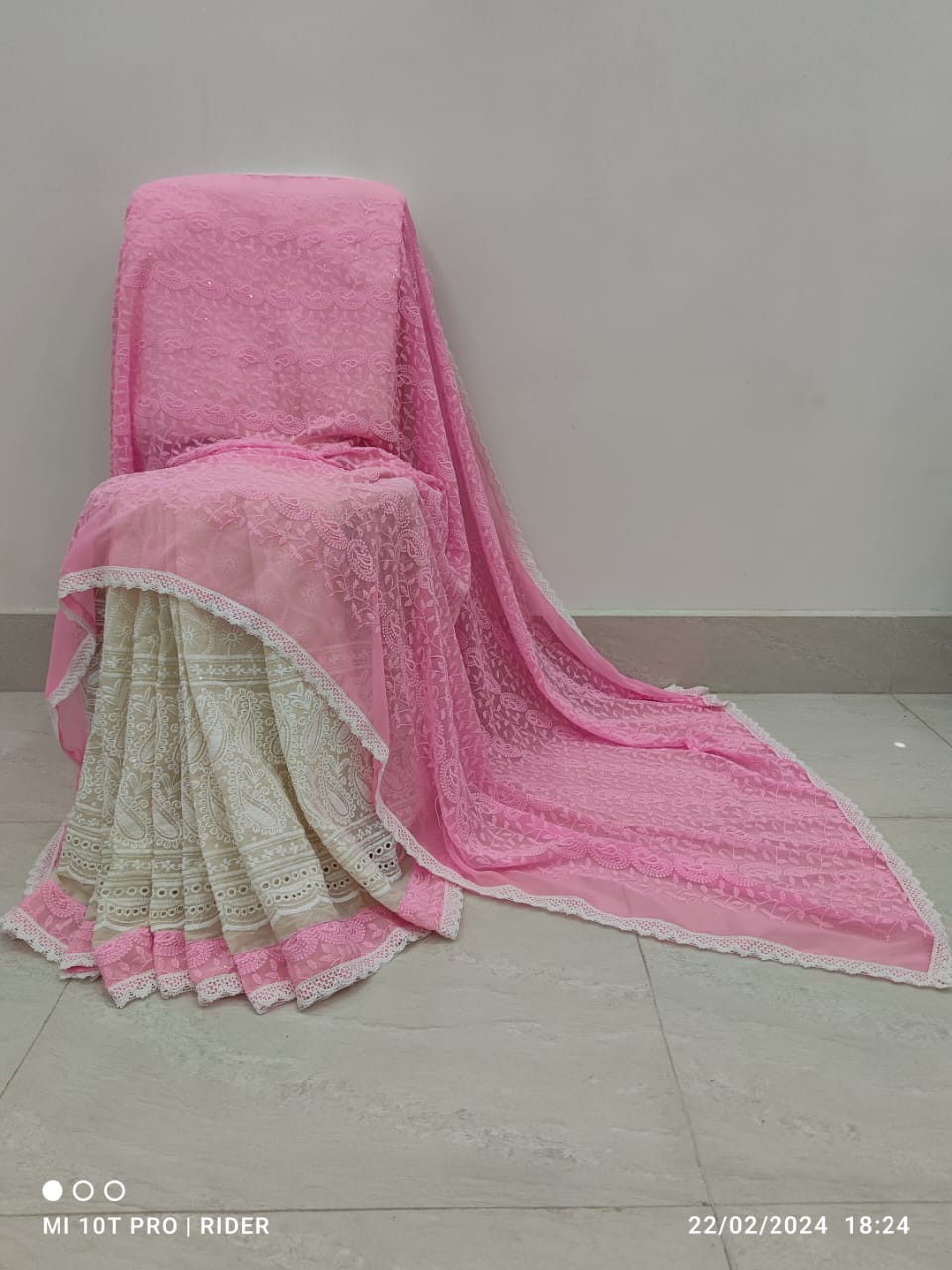 Baby Pink and white Cotton Hakoba chikankari Work with Sequence Embroidered Pallu ready to wear saree