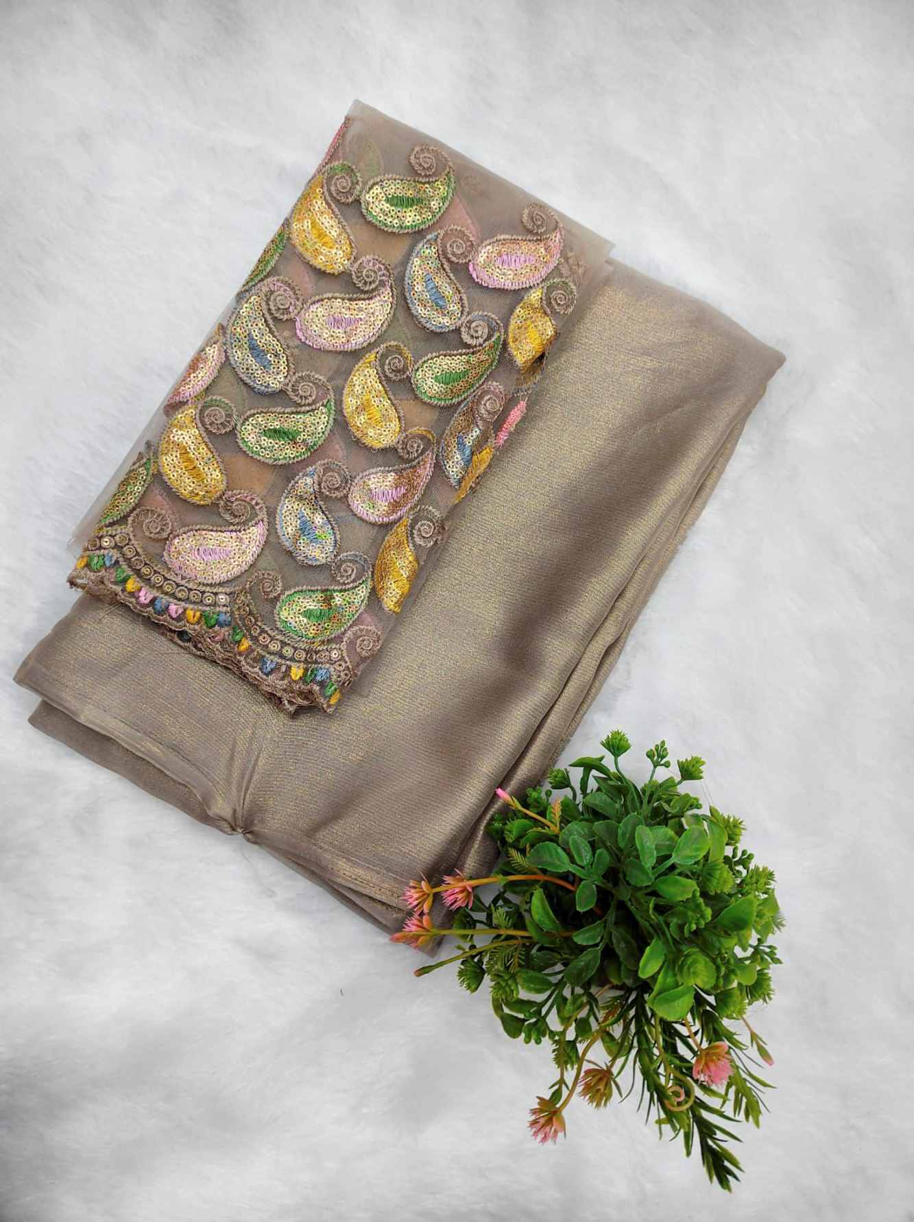 Stylish Brown Georgette chinon with Solid and  Multi-Color Embroidery blouse piece Wrap in 1 minute Saree