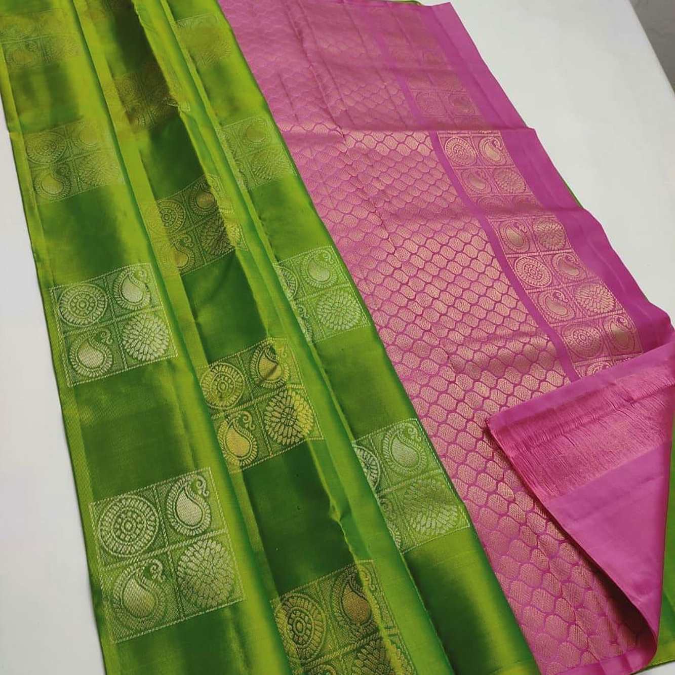 Soft Lichi Silk With Jacquard Work All Over Green & Contrast Pink Pallu Ready To Wear Saree