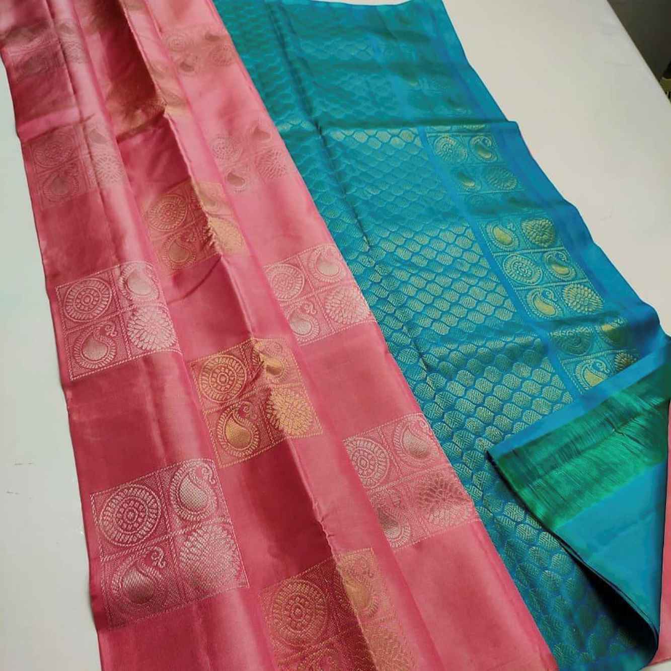 Silk Banarasi With Zari Butta Overall Peach & Contrast skyblue Pallu Ready To Wear Saree