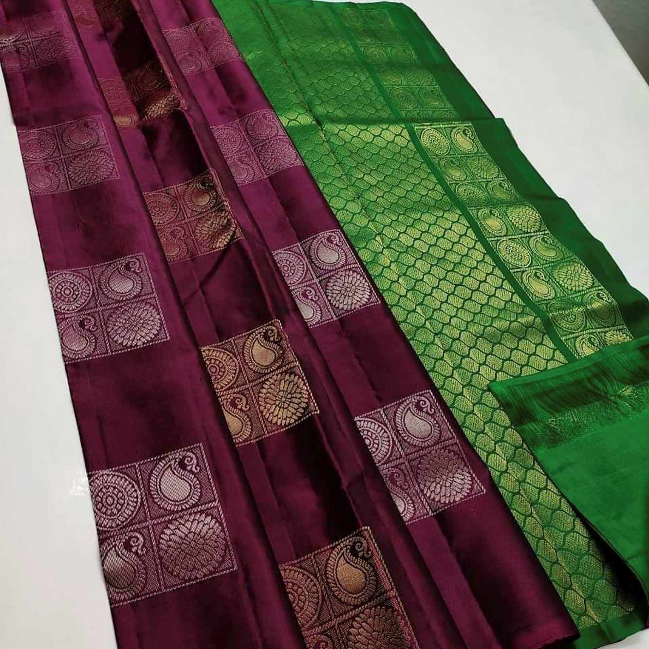 Silk Banarasi With Zari Butta Overall Purple & Contrast Green Pallu Ready To Wear Saree