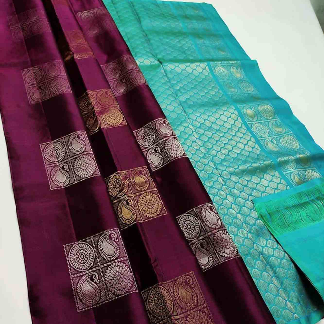 Banarasi Silk With Zari Butta Overall Purple & Contrast SeaGreen Pallu Ready To Wear Saree