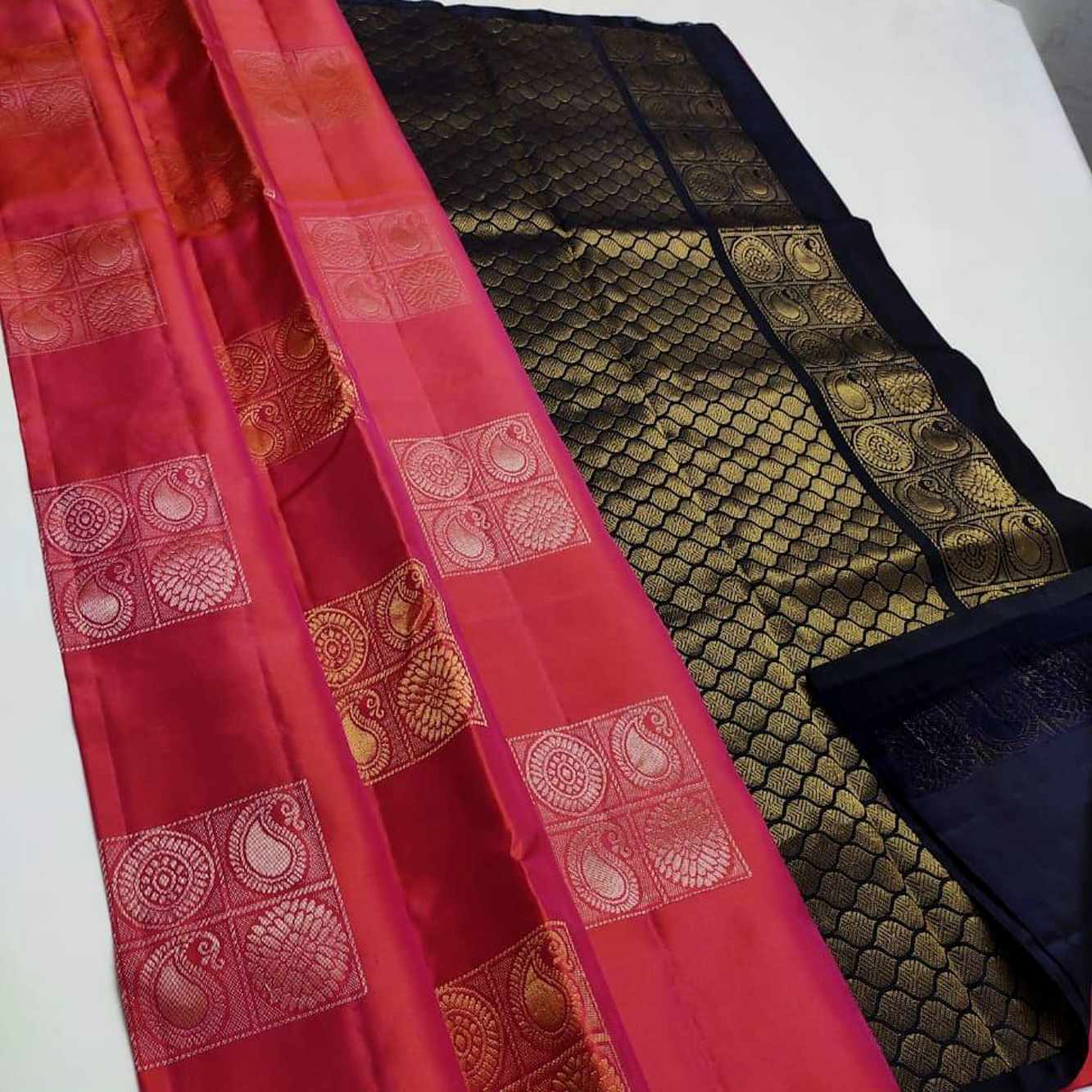 Banarasi Silk With Zari Butta Overall Red  & Contrast Blue Pallu Ready To Wear Saree