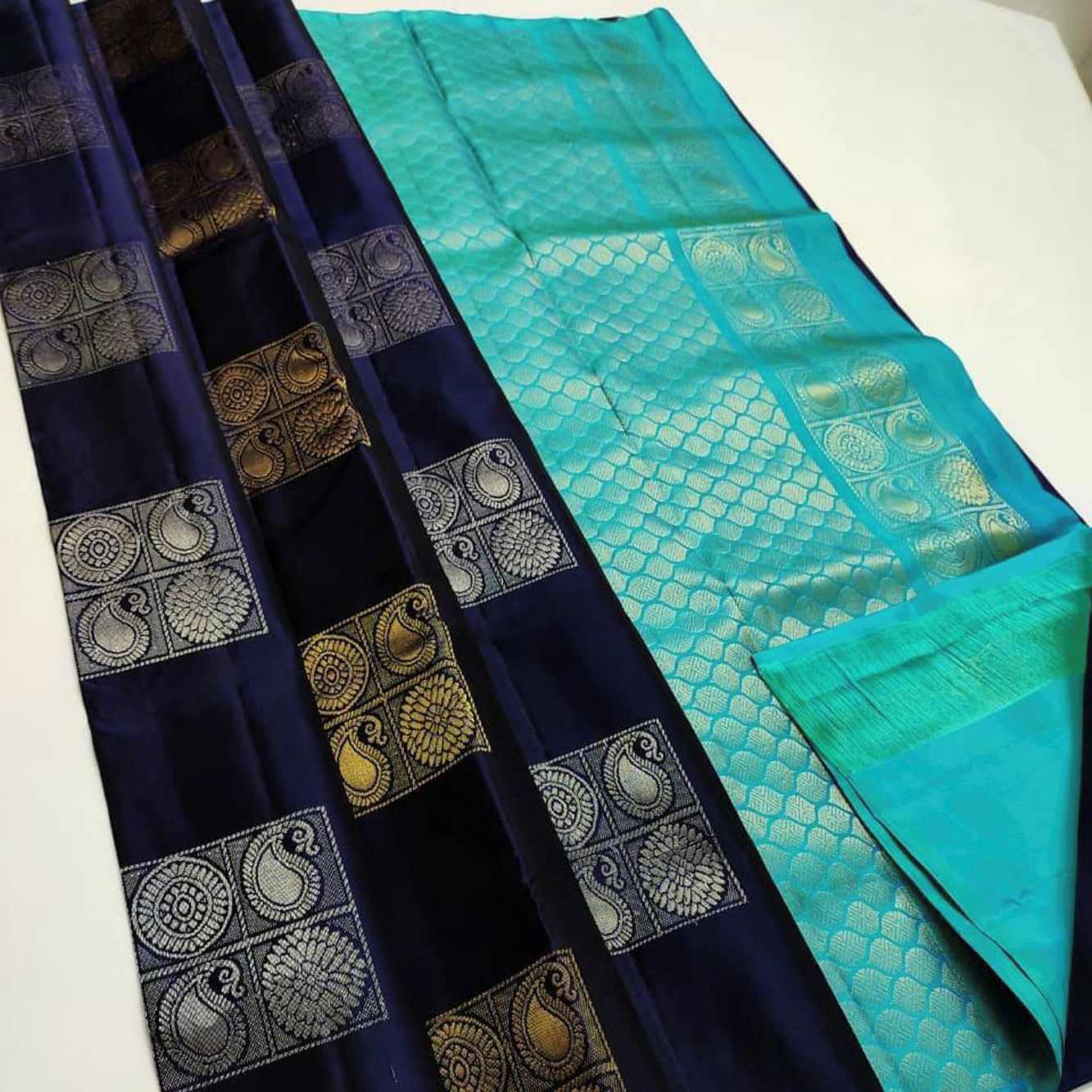 Banarasi silk With Zari Butta Overall Blue & Contrast Skyblue Pallu Ready To Wear Saree