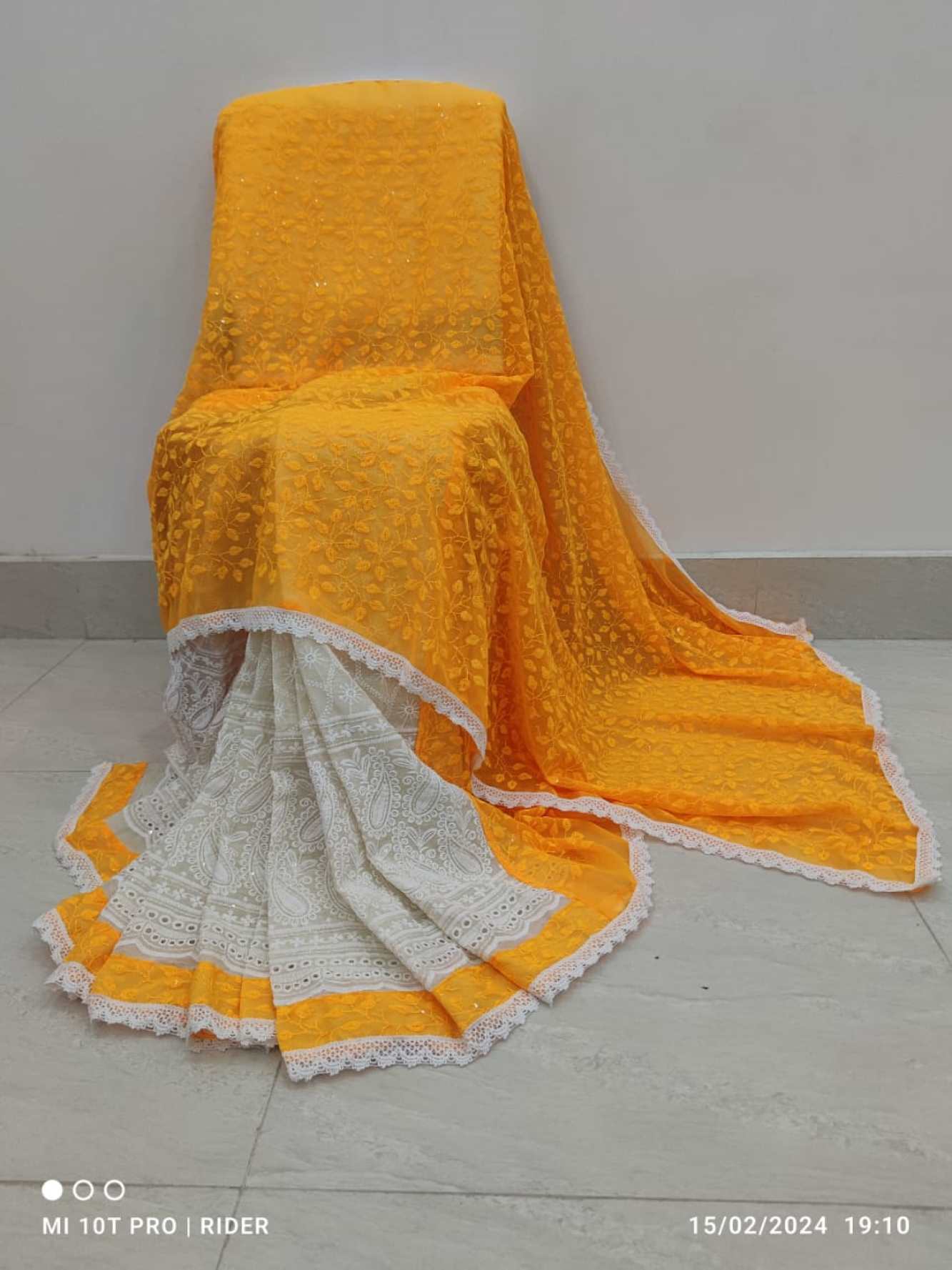 Exquisite Yellow and White Cotton Hakoba Saree with Embroidered Pallu and Lace Border – Effortless Elegance Ready to wear Saree