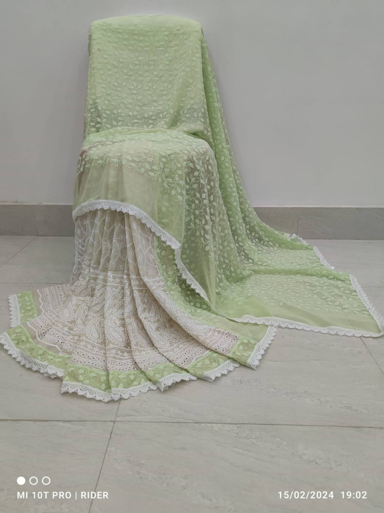 Light Green and white Cotton Hakoba Chickenkari Work with Sequence Embroidered Pallu ready to wear saree