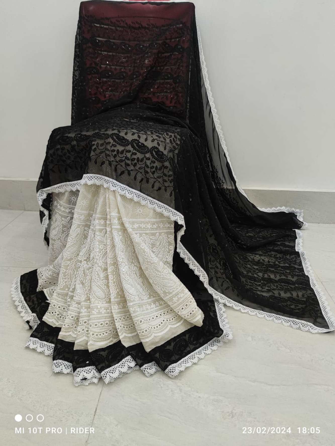 Black and white Cotton Hakoba ChikankariWork with Sequence Embroidered Pallu ready to wear saree