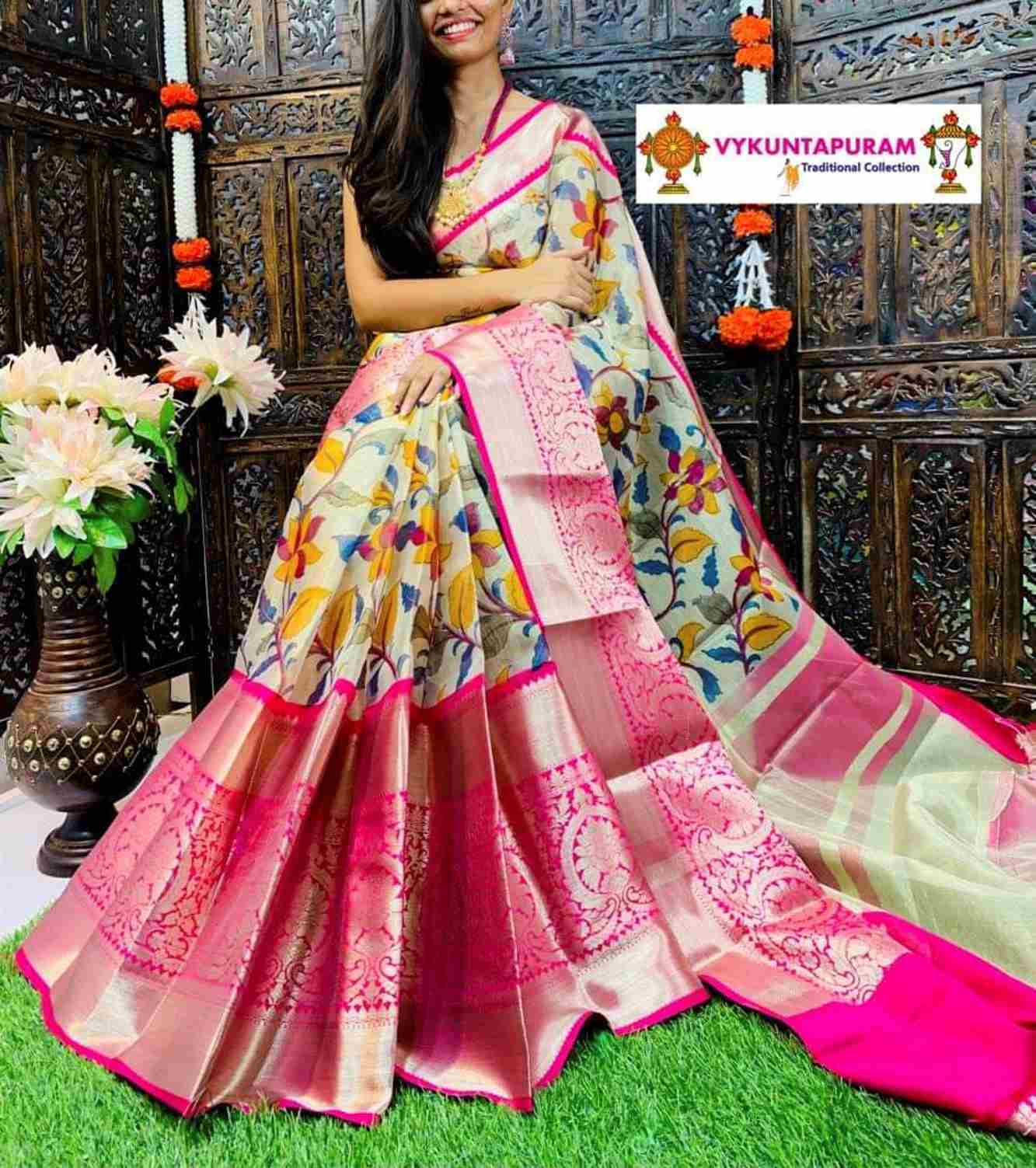 Pink Zari with Pattu Border Kanchipuram Inspired Floral Printed Overall Ready-to-Wear Saree