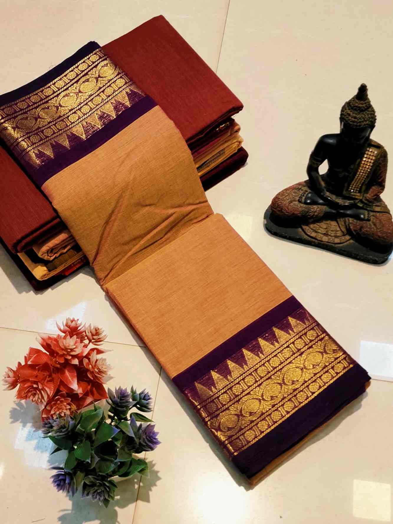 Mangalagiri Pure Cotton Saree with Luxurious Golden Kanchi Border – Pre-Draped Saree