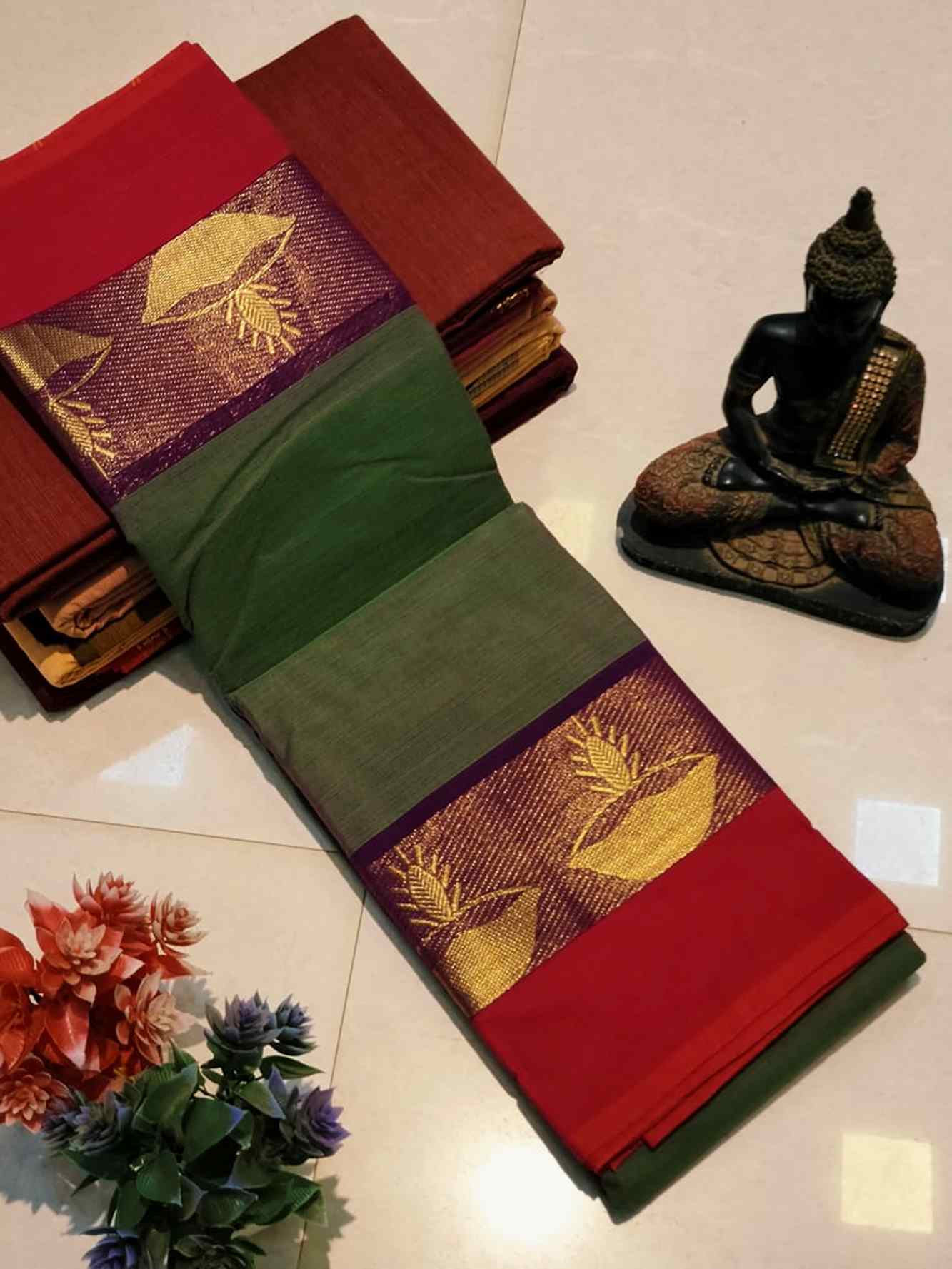 Exquisite Mangalagiri Pure Cotton Saree with Golden Kanchi Border Wrap In One Minute Saree