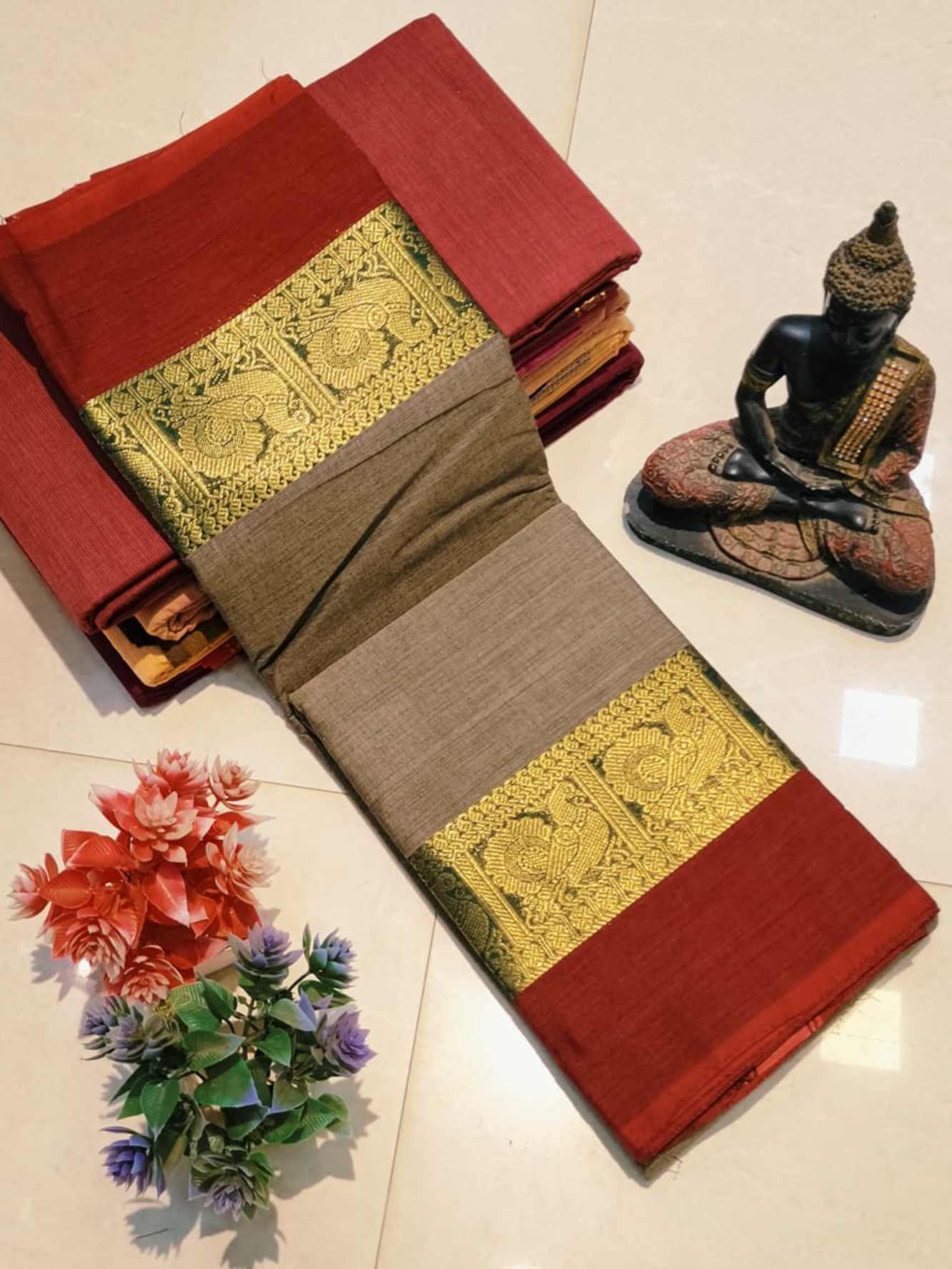 Mangalagiri With Pure Cotton & Golden Kanchi Border Wrap in 1 minute Saree