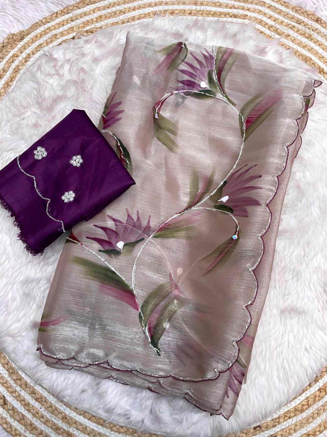 Luxurious Jimmy Choo Saree with Floral Print & Scallop border Wrap in 1 Minute Saree