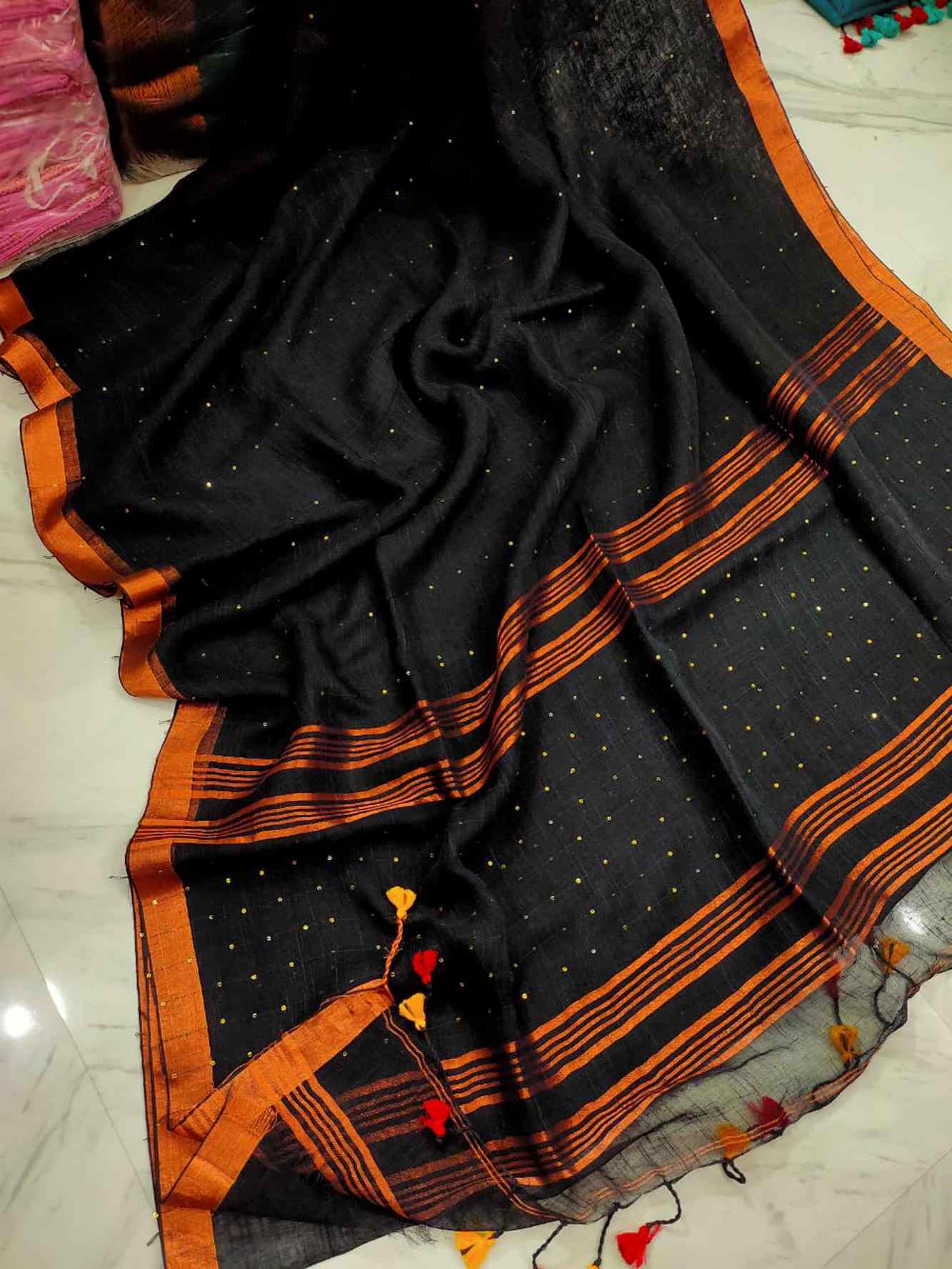 Ready To Wear Cotton Linen Sequins Woven With Contrast Border  and Tassels On Palla Saree