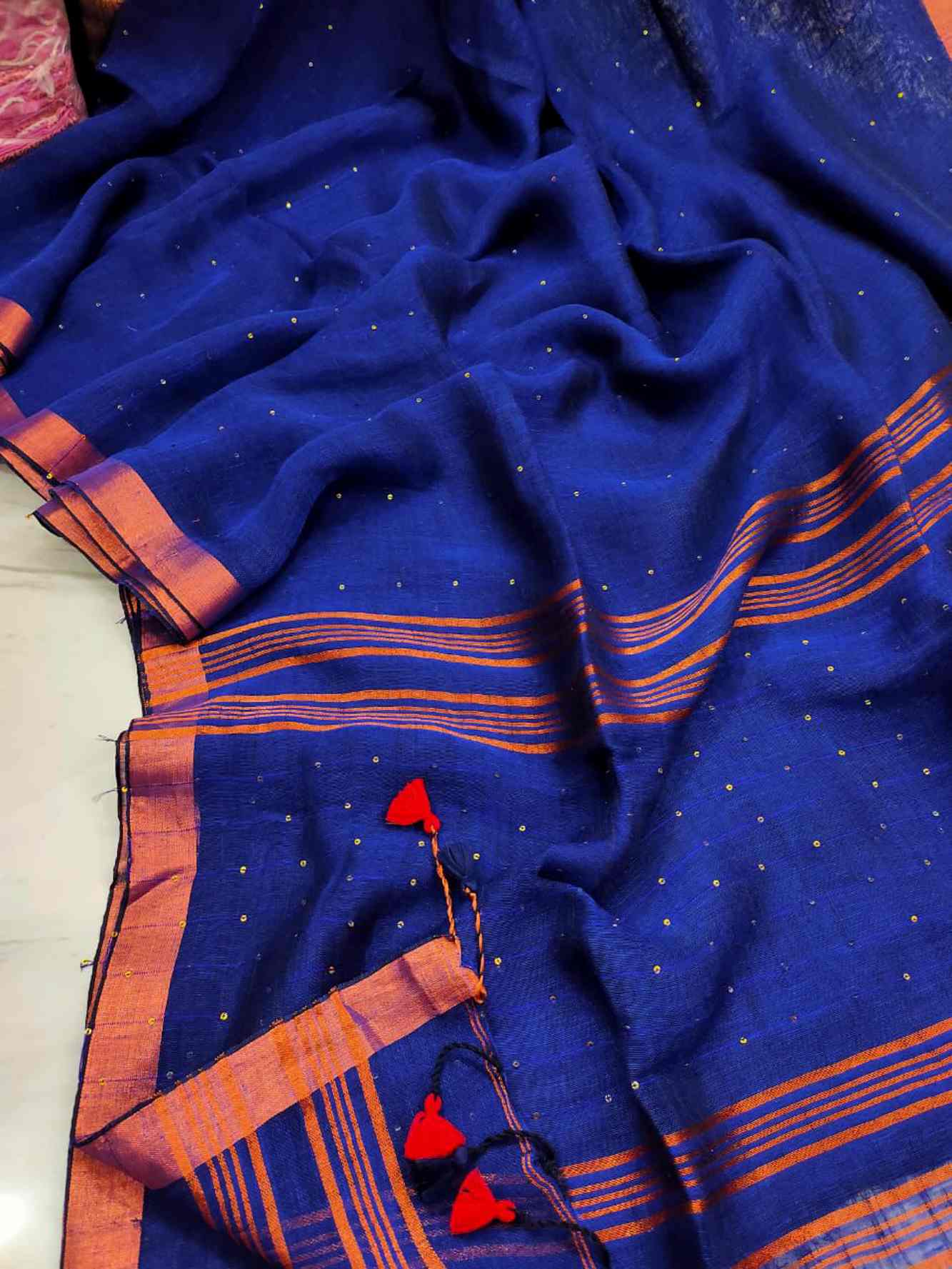 Sequin Interwoven Premium Cotton Linen With Tassels On Palla 1 minute Saree