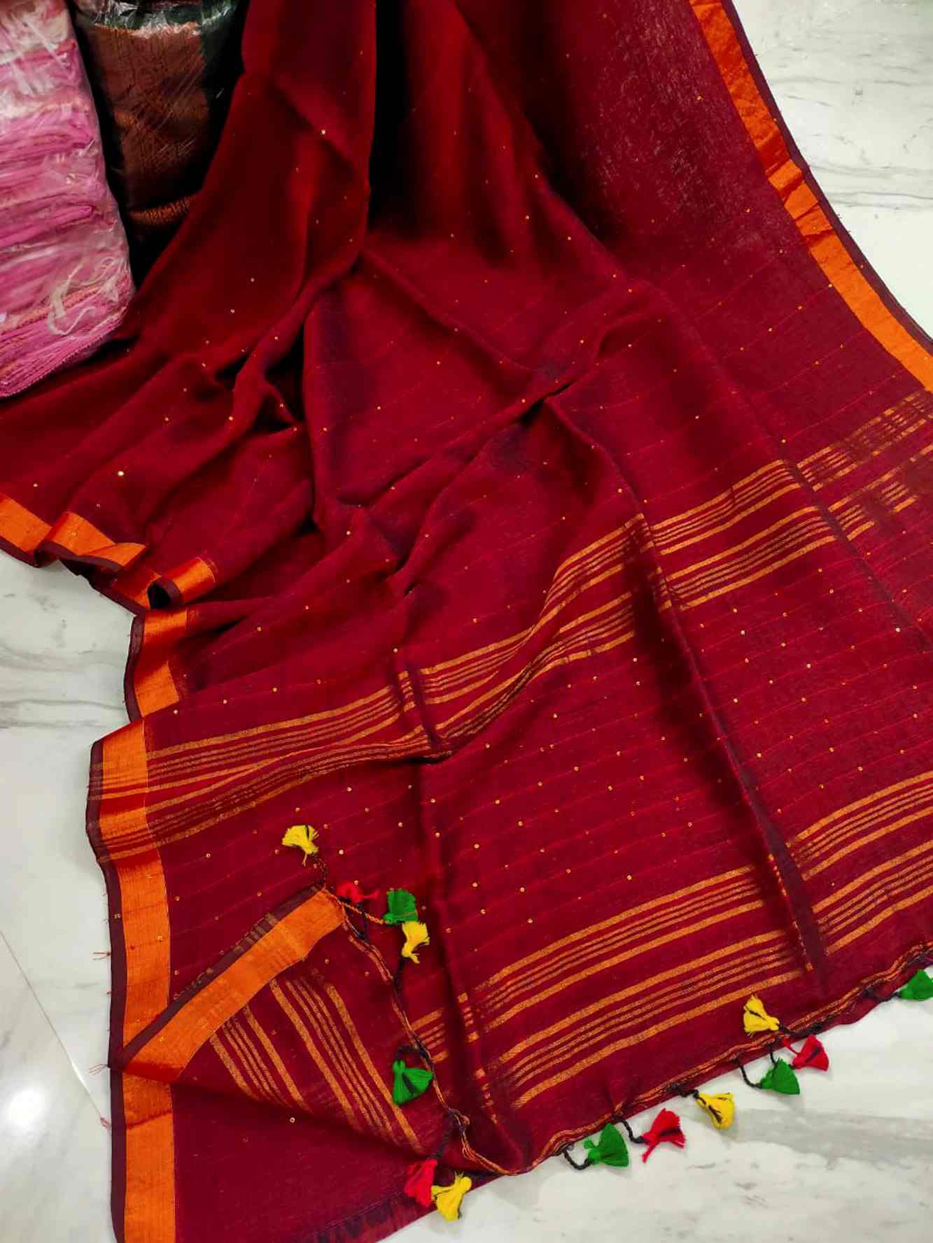 Handloom Cotton Linen Interwoven Sequins With Tassels In Pallu Ready To Wear Saree