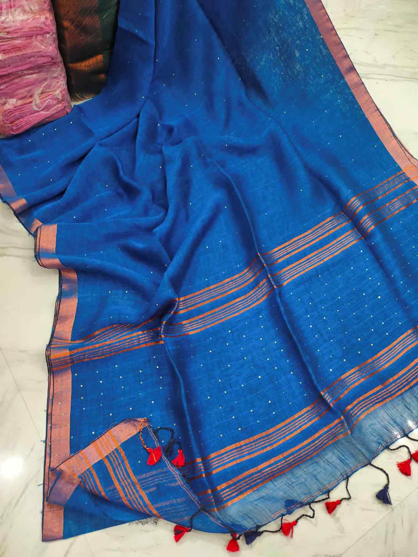 Handloom cotton linen interwoven sequins with tassels in pallu ready to wear saree