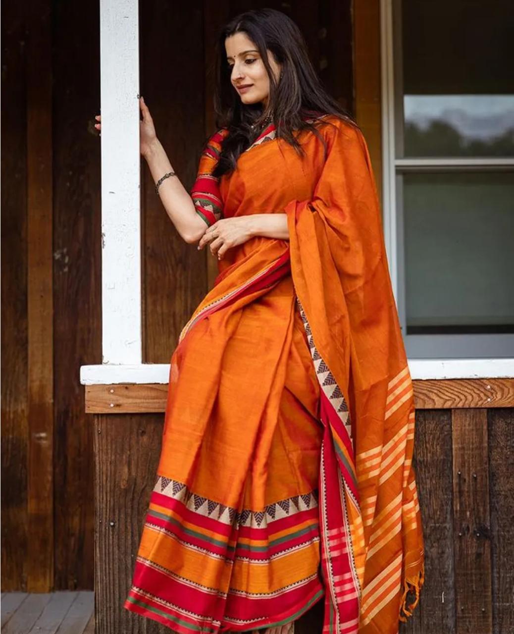 Ready To Wear Traditional Bengali Temple Border Cotton Handloom Pre Pleated Saree