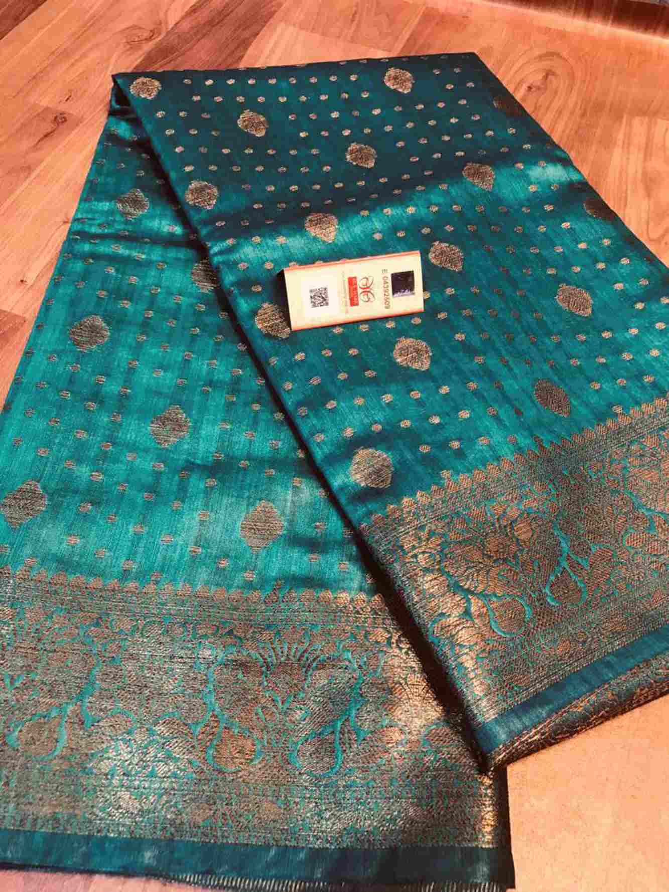 Pure Munga Tussar Silk with Meenakari Butta Work & Banarasi Border Ready to Wear Saree