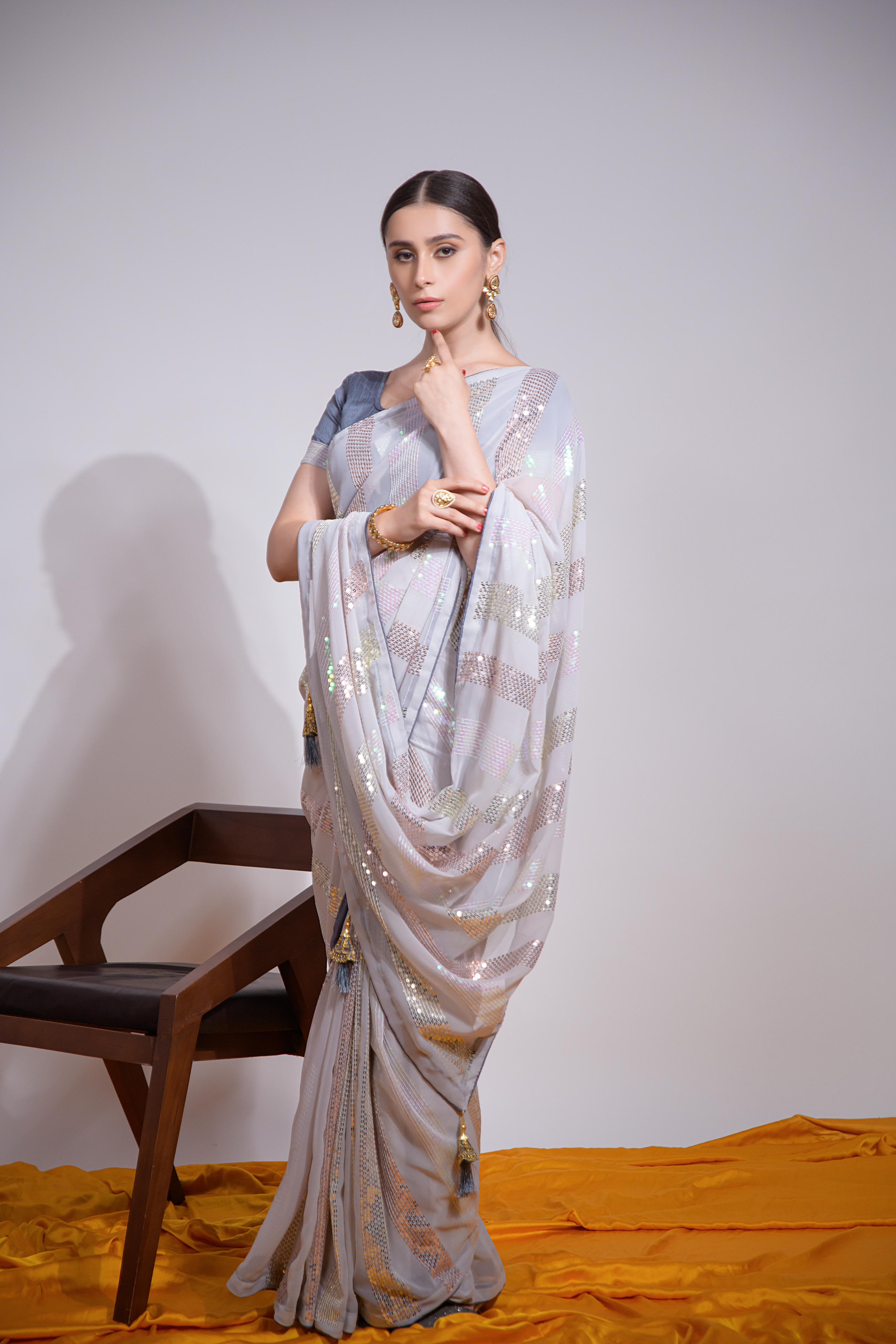 Party Wear Georgette Multi-Sequence Embellishments & Elegant Latkan on Pallu Wrap in 1 minute Saree