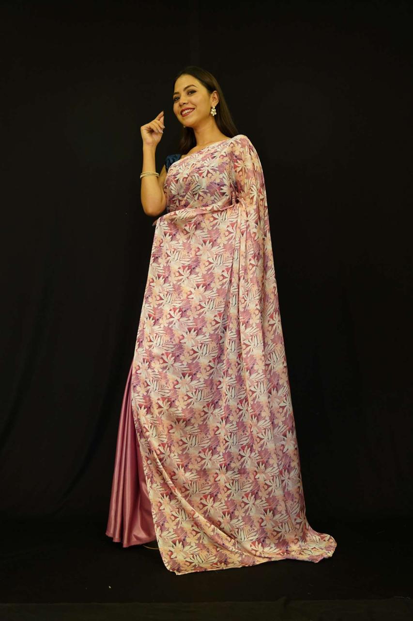 Ready to wear Satin And Floral Printed Half & Half Designer prestitched Saree