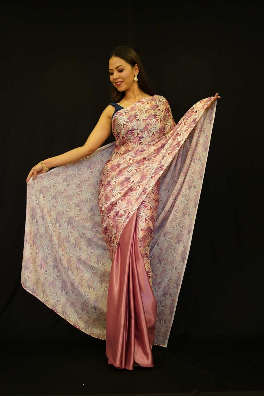 Ready to wear Satin And Floral Printed Half & Half Designer prestitched Saree