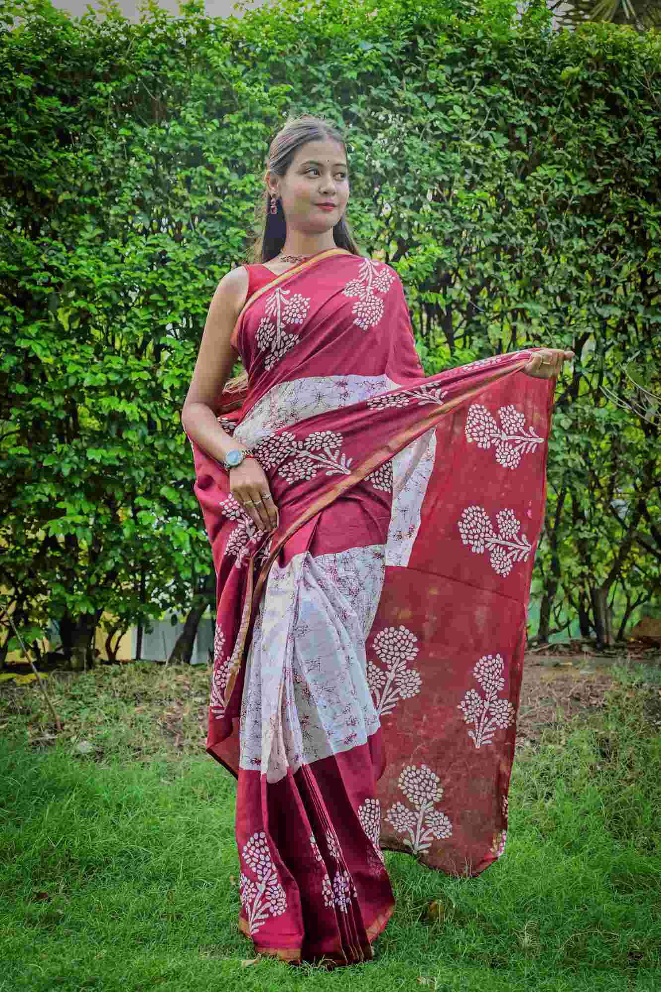 Cotton Hand Block Printed in Maroon and White Ready To Wear Saree